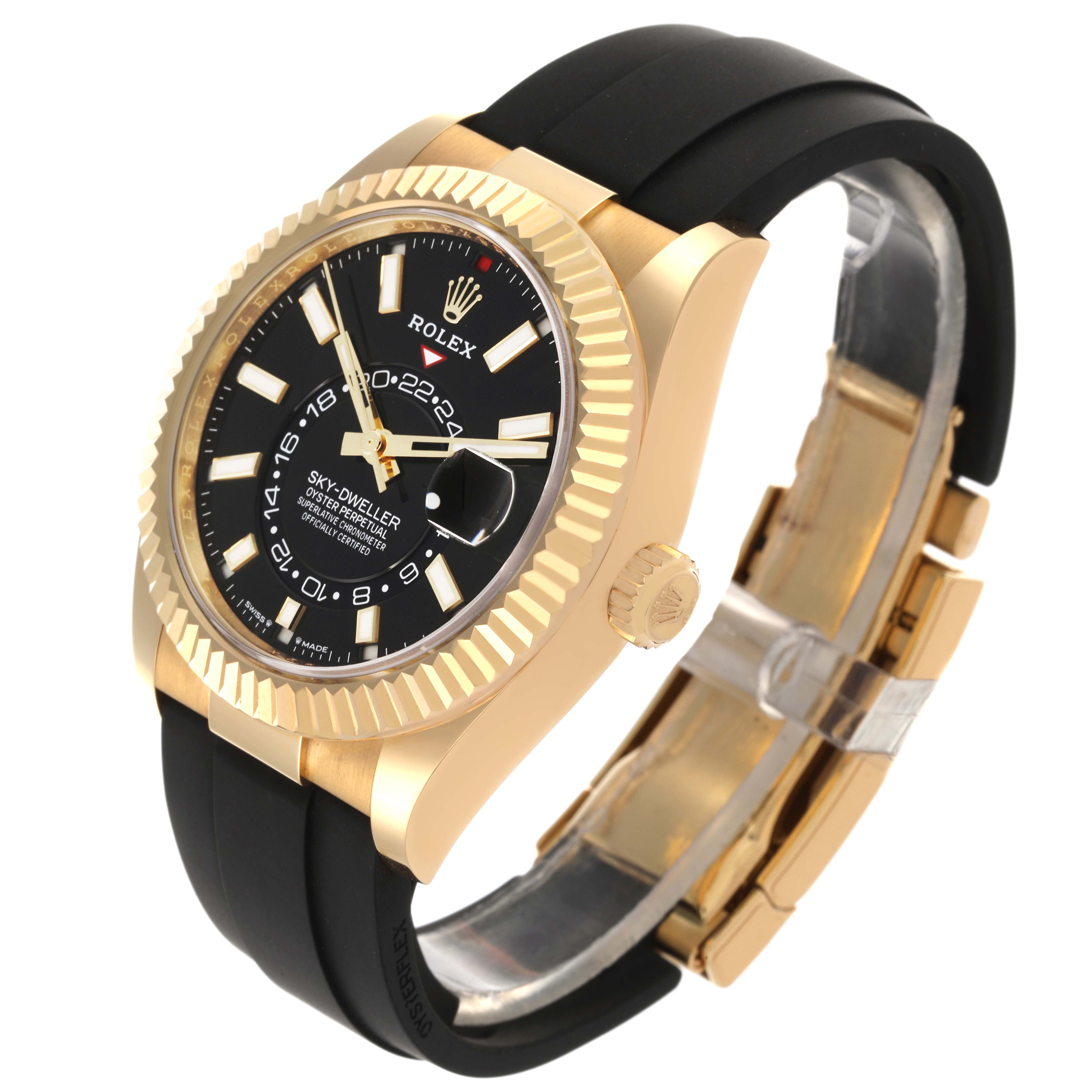 The Rolex Sky-Dweller 336238 Men's Yellow Gold Black Dial 336238 Men's Yellow Gold Black Dial watch is shown at an angled top view, displaying its face, bezel, crown, and bracelet.