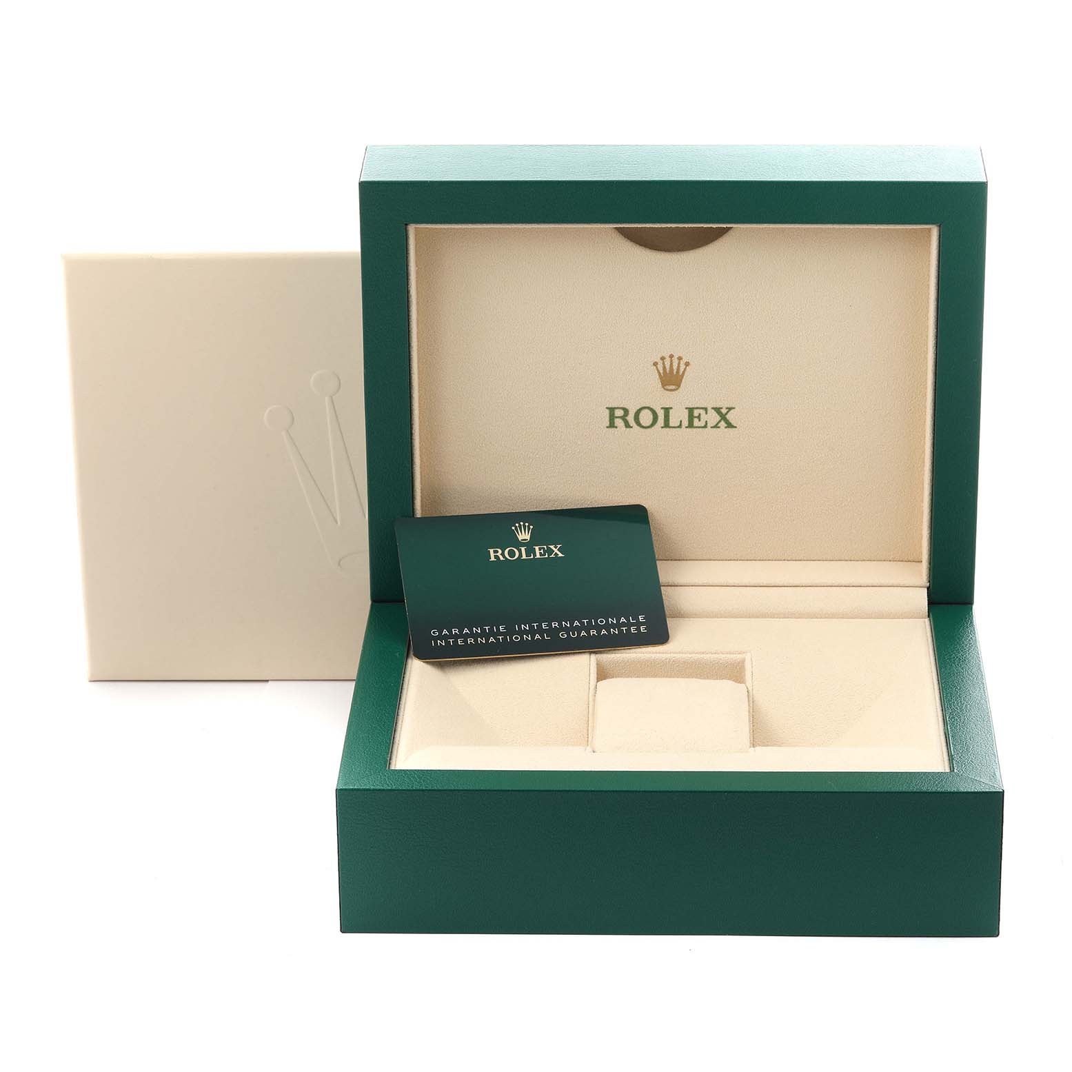 The image shows an open Rolex Sky-Dweller 336238 Men's Yellow Gold Black Dial 336238 Men's Yellow Gold Black Dial watch box with the guarantee card displayed.