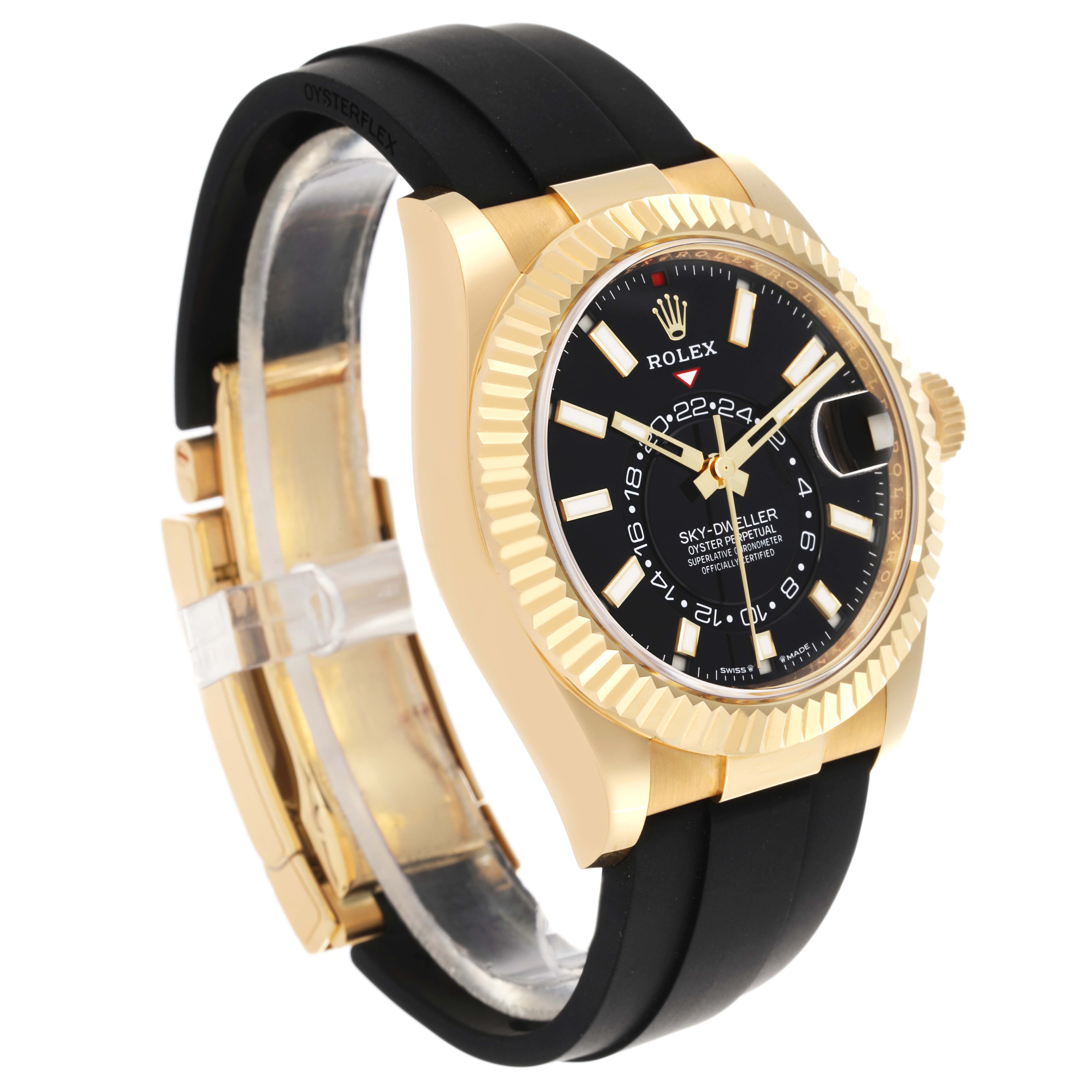 The Rolex Sky-Dweller 336238 Men's Yellow Gold Black Dial 336238 Men's Yellow Gold Black Dial watch is shown at a three-quarter angle, highlighting its face, bezel, and rubber strap.