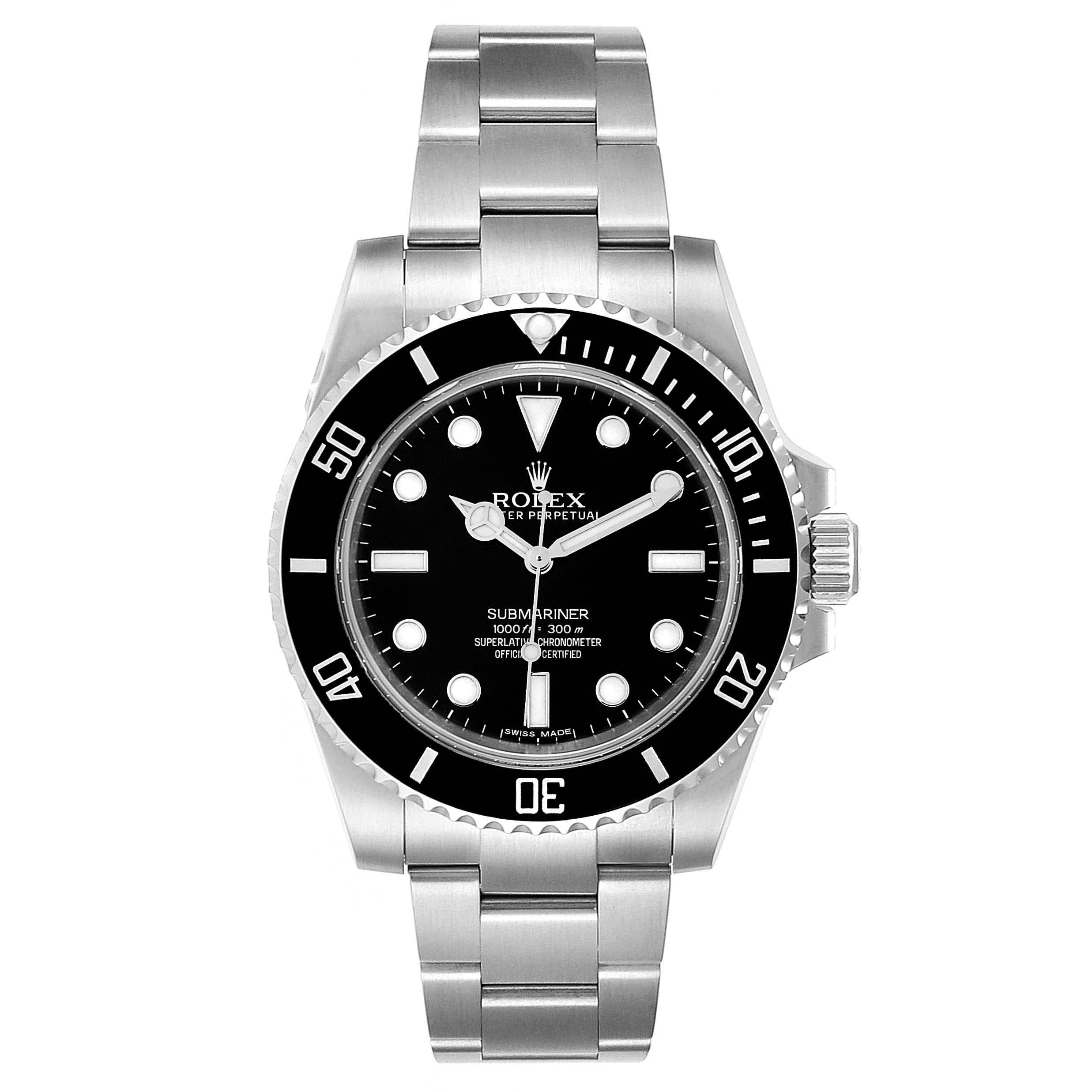 This image shows a front view of a Rolex Submariner 114060 Men
s Stainless Steel Black Dial 114060 Men
s Stainless Steel Black Dial watch, including its bezel, dial, and bracelet.