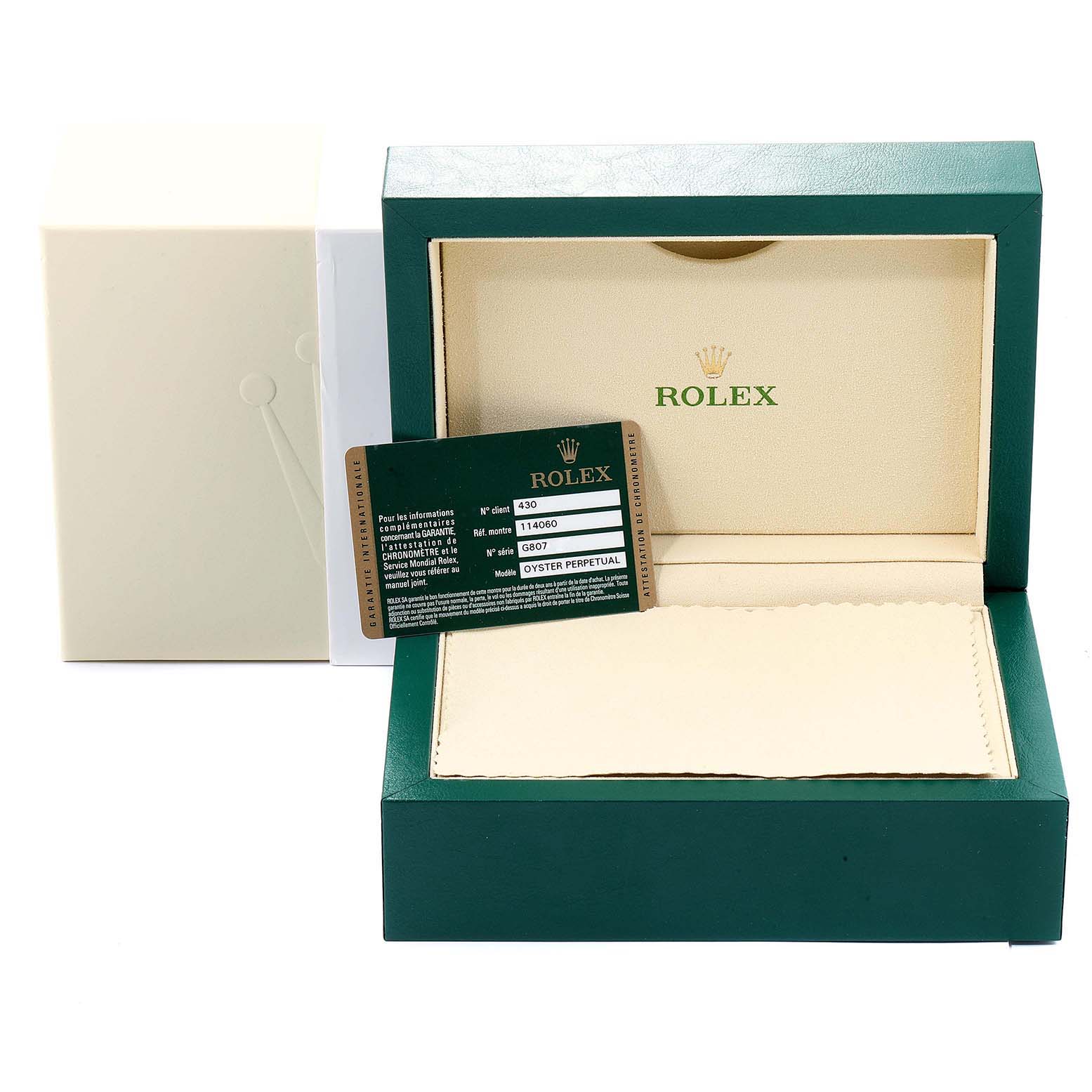 The image shows a Rolex Submariner 114060 Men
s Stainless Steel Black Dial 114060 Men
s Stainless Steel Black Dial watch box, service card, and outer packaging at a frontal angle.