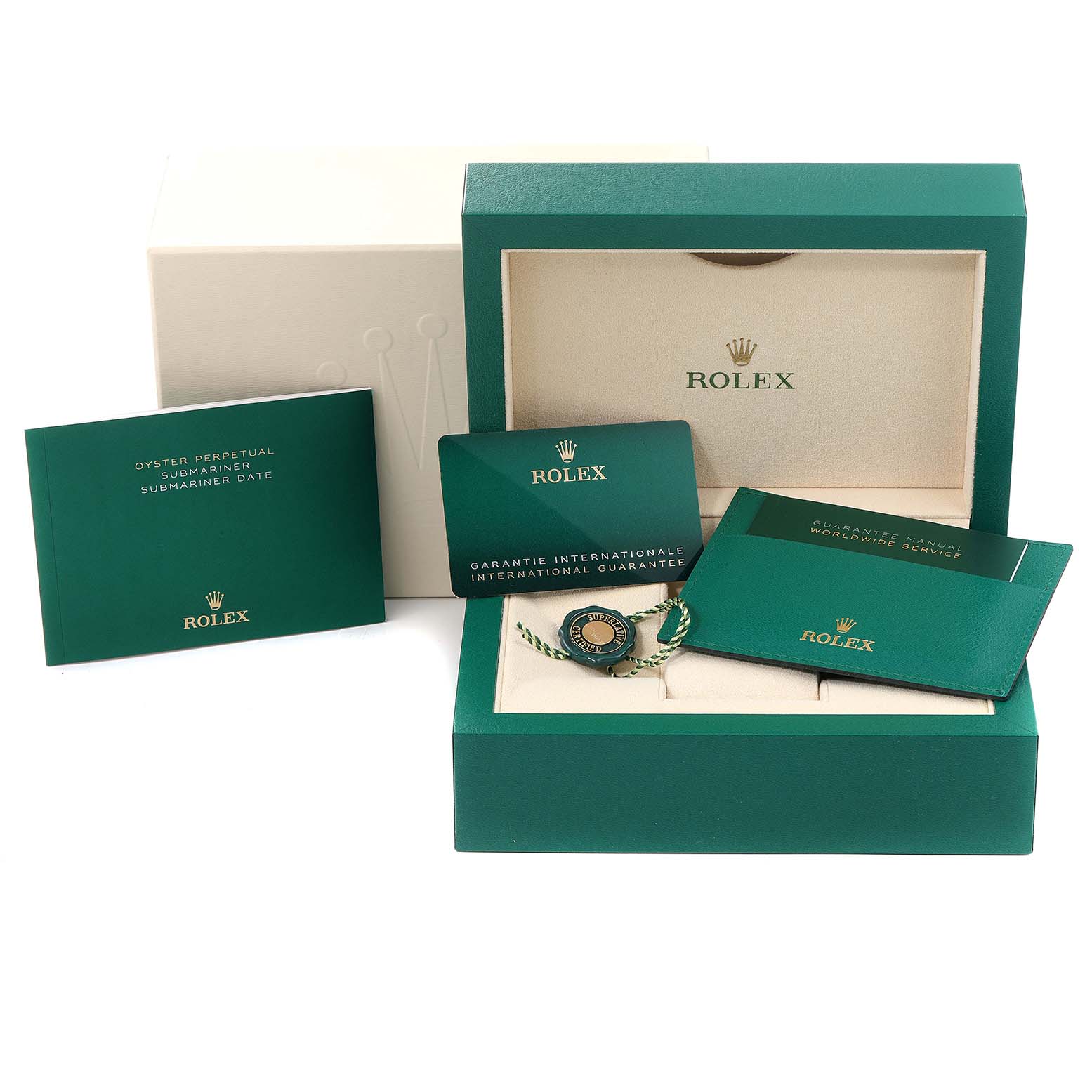 The image shows the box, manuals, international warranty card, and tag for the Rolex Submariner 126613 Men's Steel and Gold (two tone) Black Dial 126613 Men's Steel and Gold (two tone) Black Dial model.