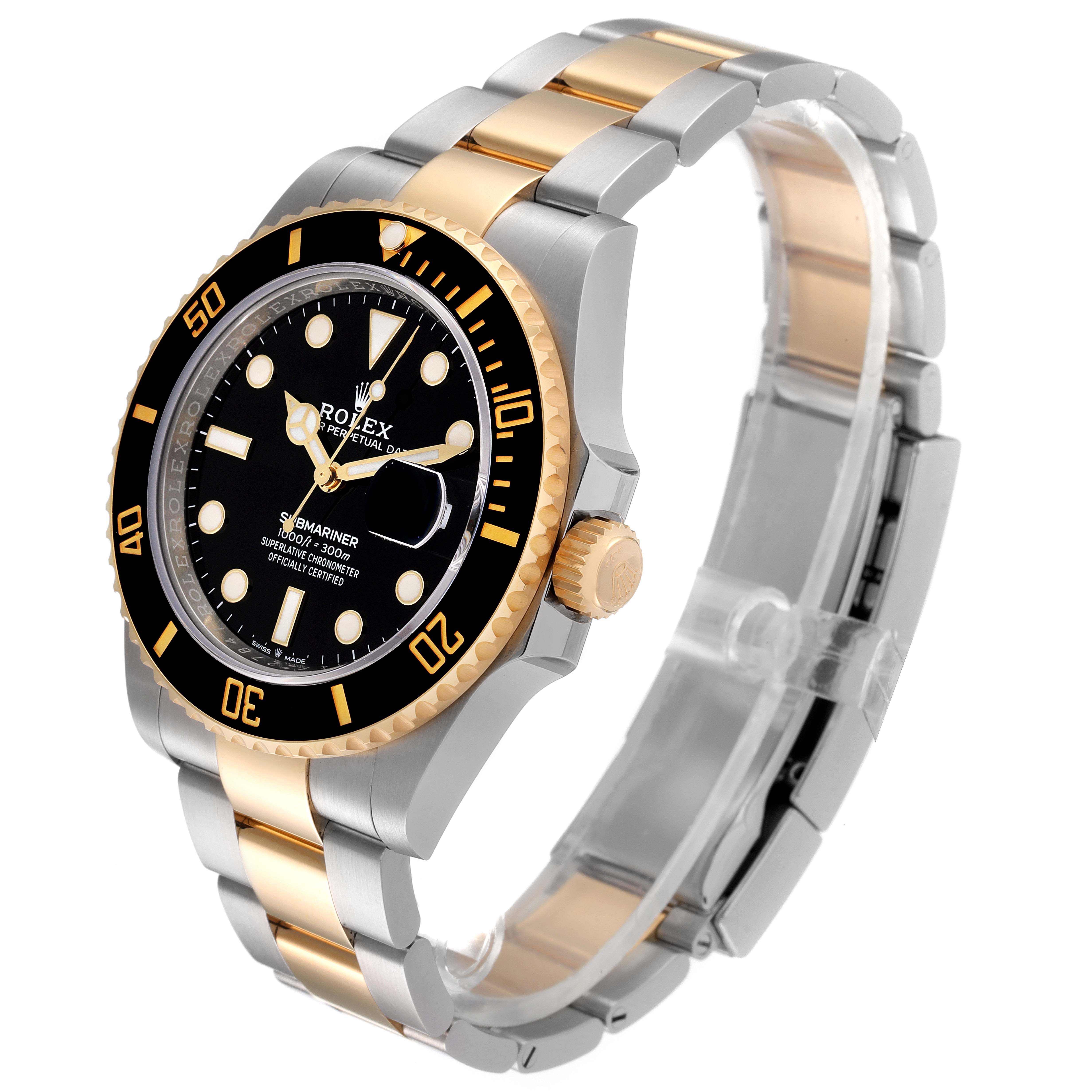 The image shows a side-front view of a Rolex Submariner 126613 Men's Steel and Gold (two tone) Black Dial 126613 Men's Steel and Gold (two tone) Black Dial watch with a gold and silver bracelet and a black dial.