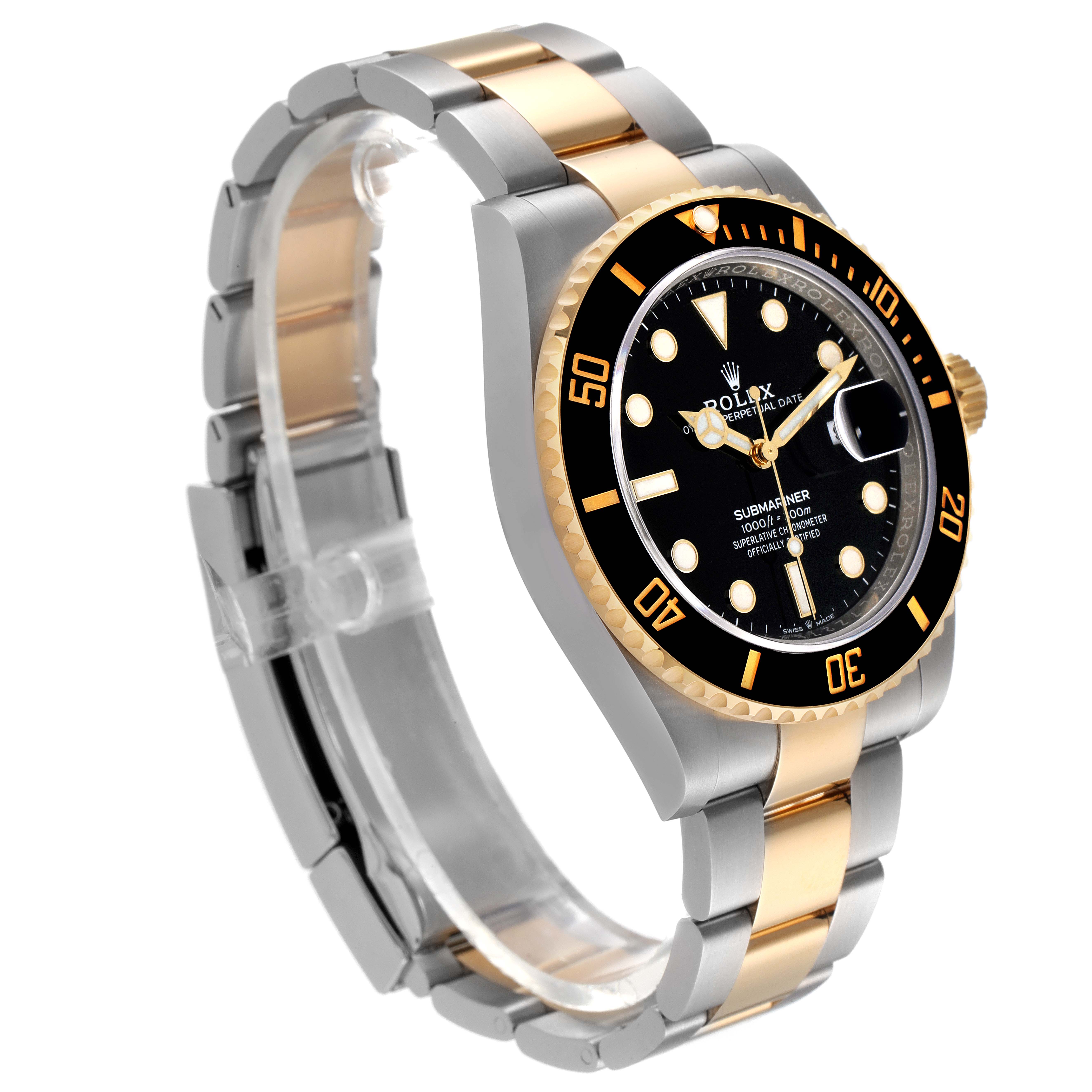 This image shows a side angle view of the Rolex Submariner 126613 Men's Steel and Gold (two tone) Black Dial 126613 Men's Steel and Gold (two tone) Black Dial watch, highlighting its black dial, bezel, and two-tone metallic band.