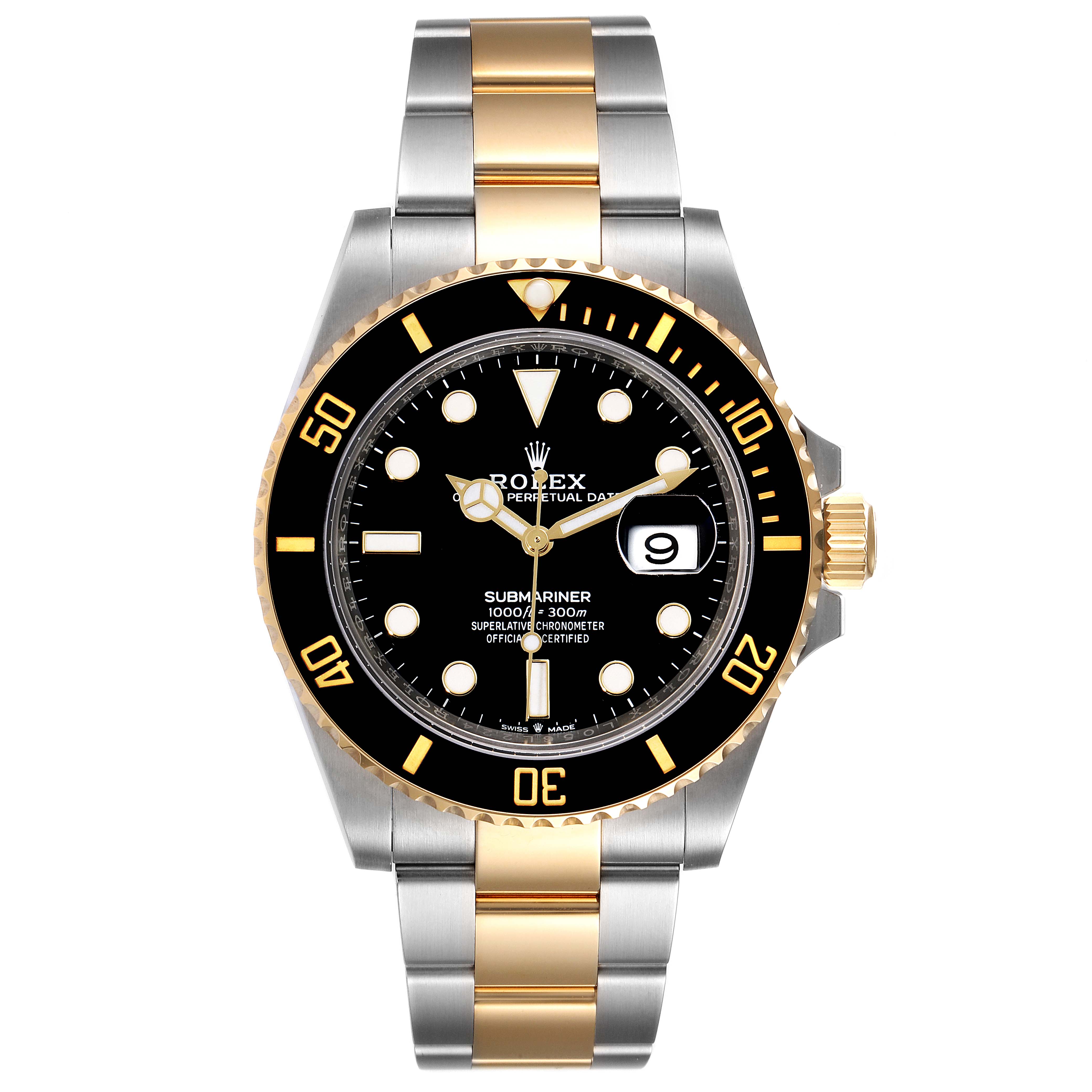 The image shows a front view of a Rolex Submariner 126613 Men's Steel and Gold (two tone) Black Dial 126613 Men's Steel and Gold (two tone) Black Dial, highlighting its black dial, gold-accented bezel, and two-tone band.