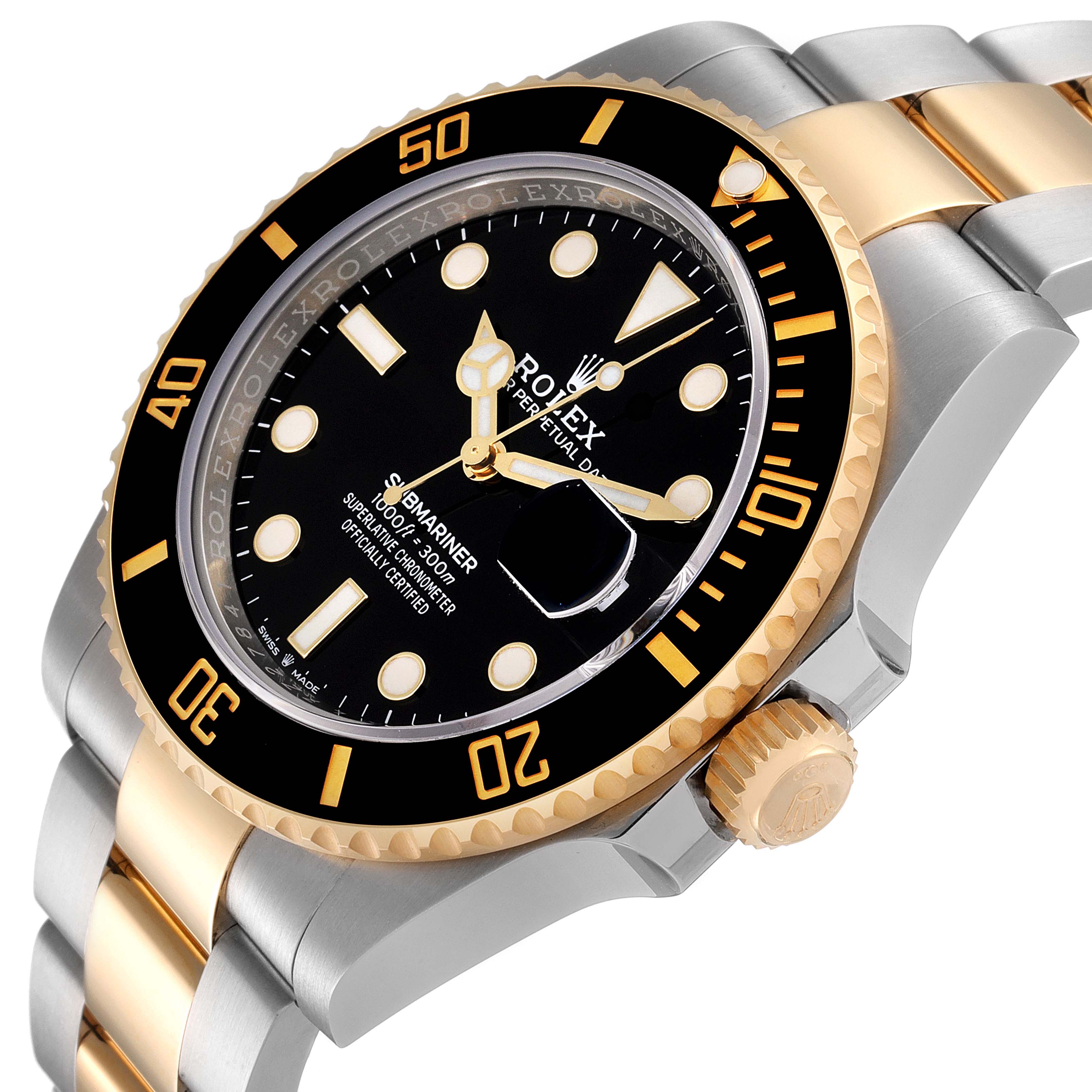 This Rolex Submariner 126613 Men's Steel and Gold (two tone) Black Dial 126613 Men's Steel and Gold (two tone) Black Dial watch is shown at a slight side angle, highlighting the bezel, crown, dial, and bracelet.