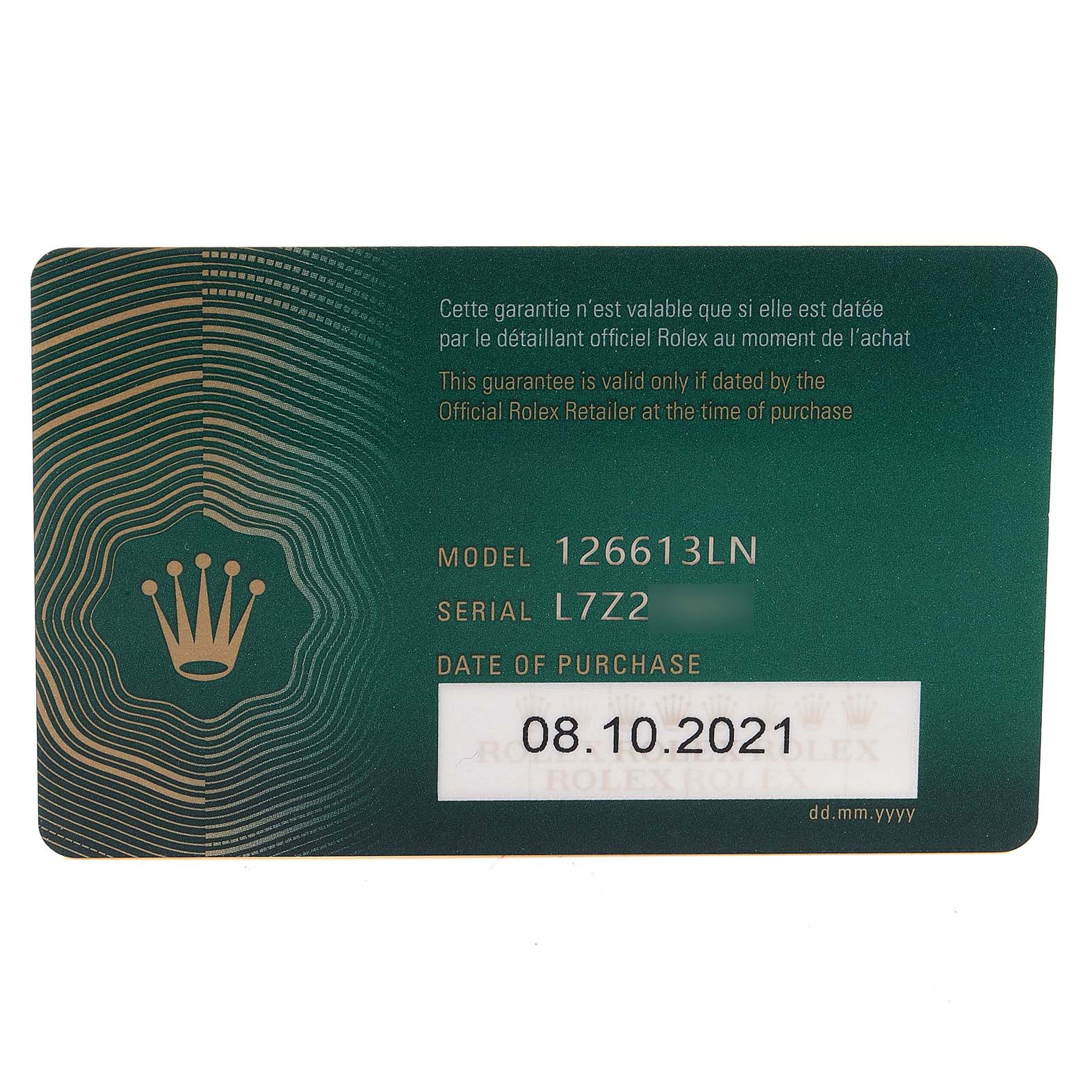This image shows the warranty card for a Rolex Submariner 126613 Men's Steel and Gold (two tone) Black Dial 126613 Men's Steel and Gold (two tone) Black Dial model 126613LN.