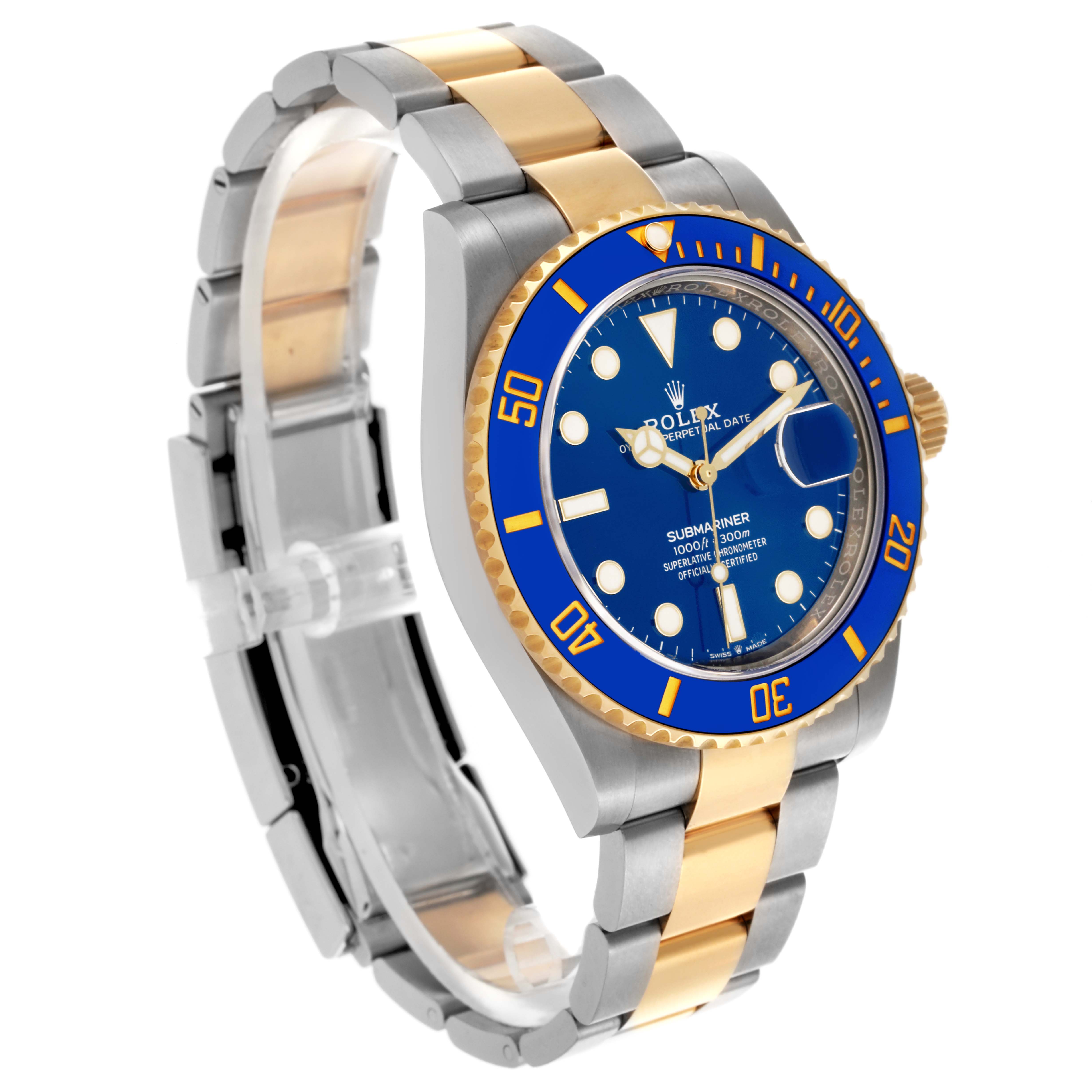 The Rolex Submariner 126613LB Men's Steel and Gold (two tone) Blue Dial 126613LB Men's Steel and Gold (two tone) Blue Dial is shown at a slight angle, highlighting the blue bezel, dial, and two-tone bracelet.