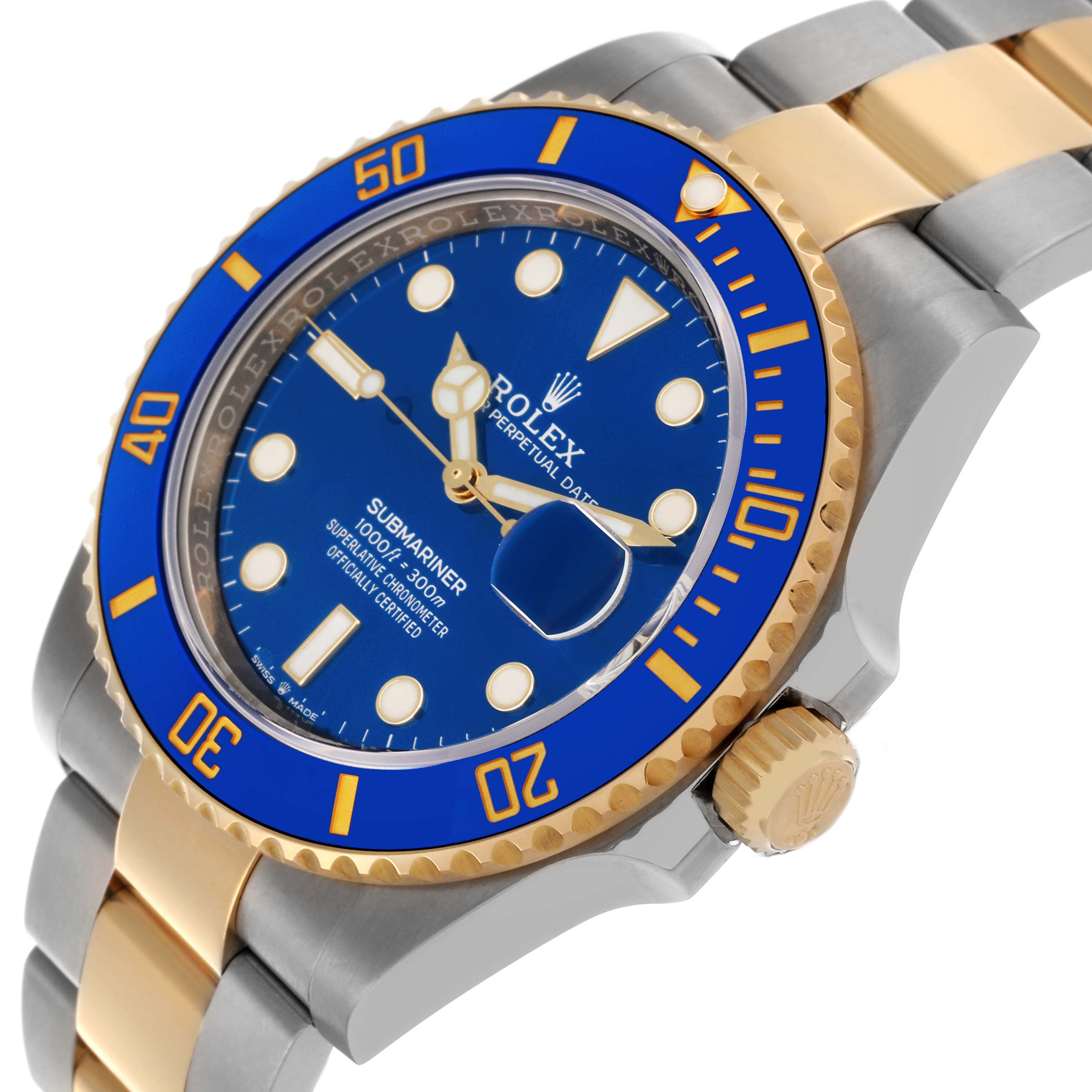 The Rolex Submariner 126613LB Men's Steel and Gold (two tone) Blue Dial 126613LB Men's Steel and Gold (two tone) Blue Dial watch is shown at a side angle, displaying the blue dial, bezel, and part of the two-tone bracelet.