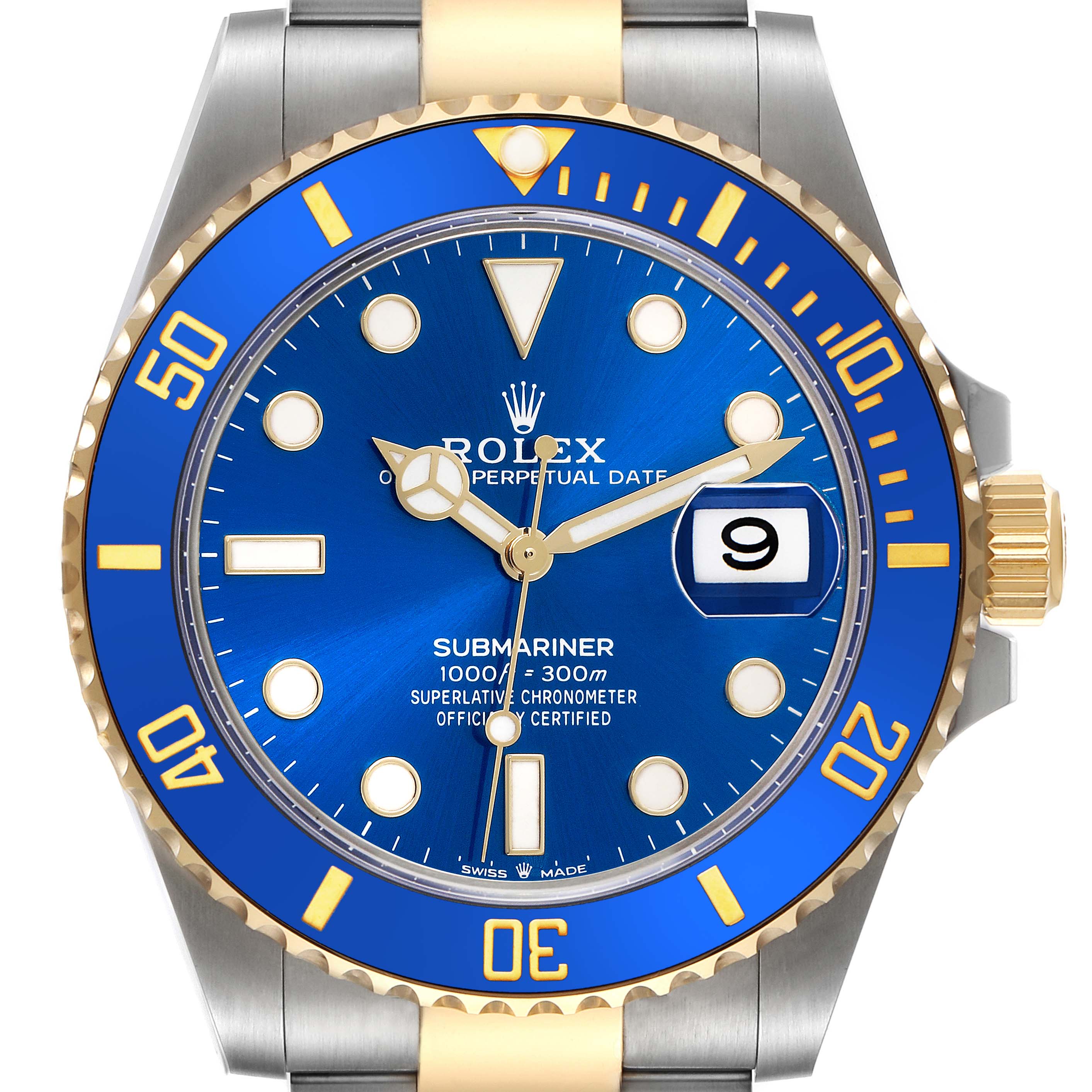 The image shows a front view of the Rolex Submariner 126613LB Men's Steel and Gold (two tone) Blue Dial 126613LB Men's Steel and Gold (two tone) Blue Dial, displaying the blue dial, bezel, crown, and part of the bracelet.