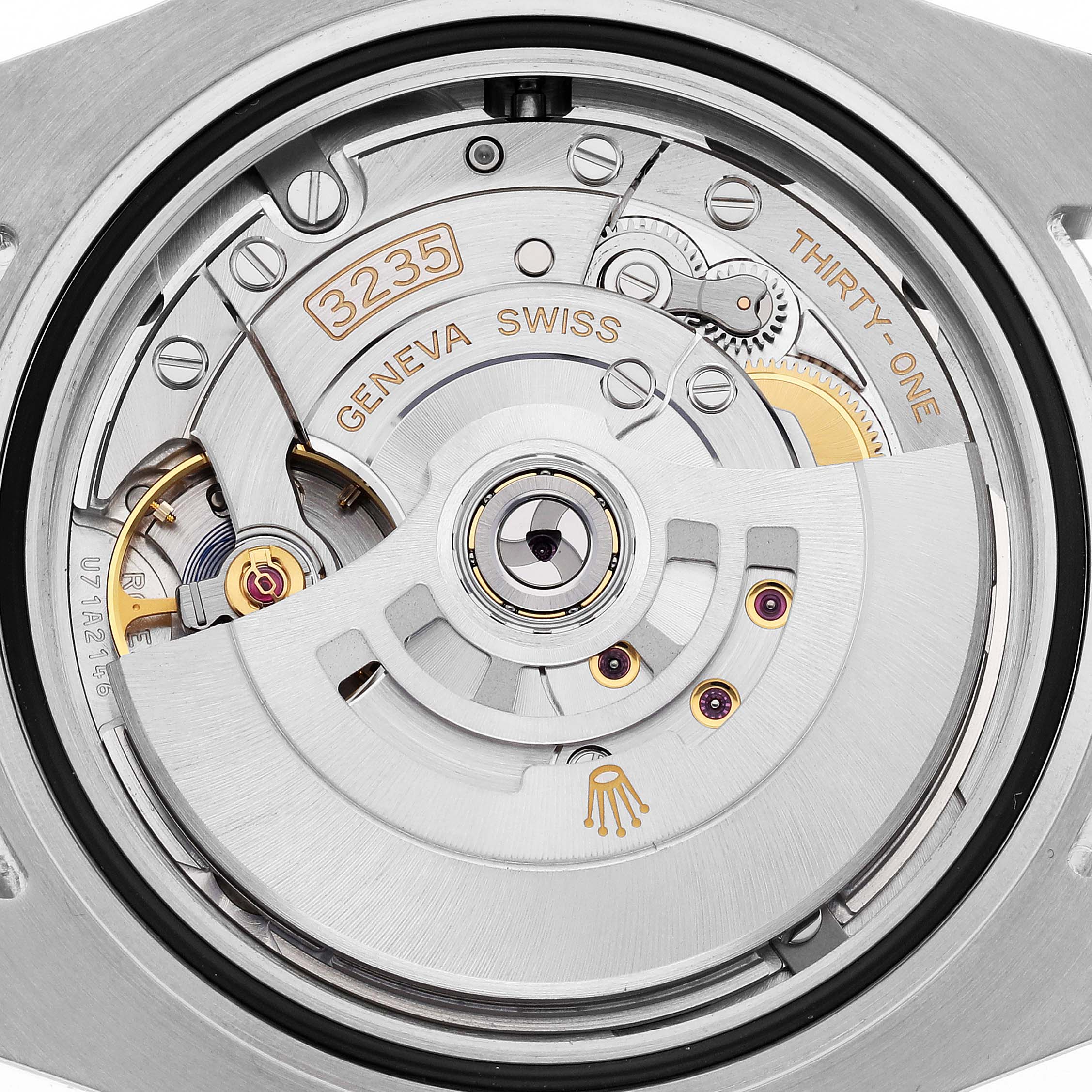 This image shows the movement mechanism of the Rolex Submariner 126613LB Men's Steel and Gold (two tone) Blue Dial 126613LB Men's Steel and Gold (two tone) Blue Dial from a top-down angle.