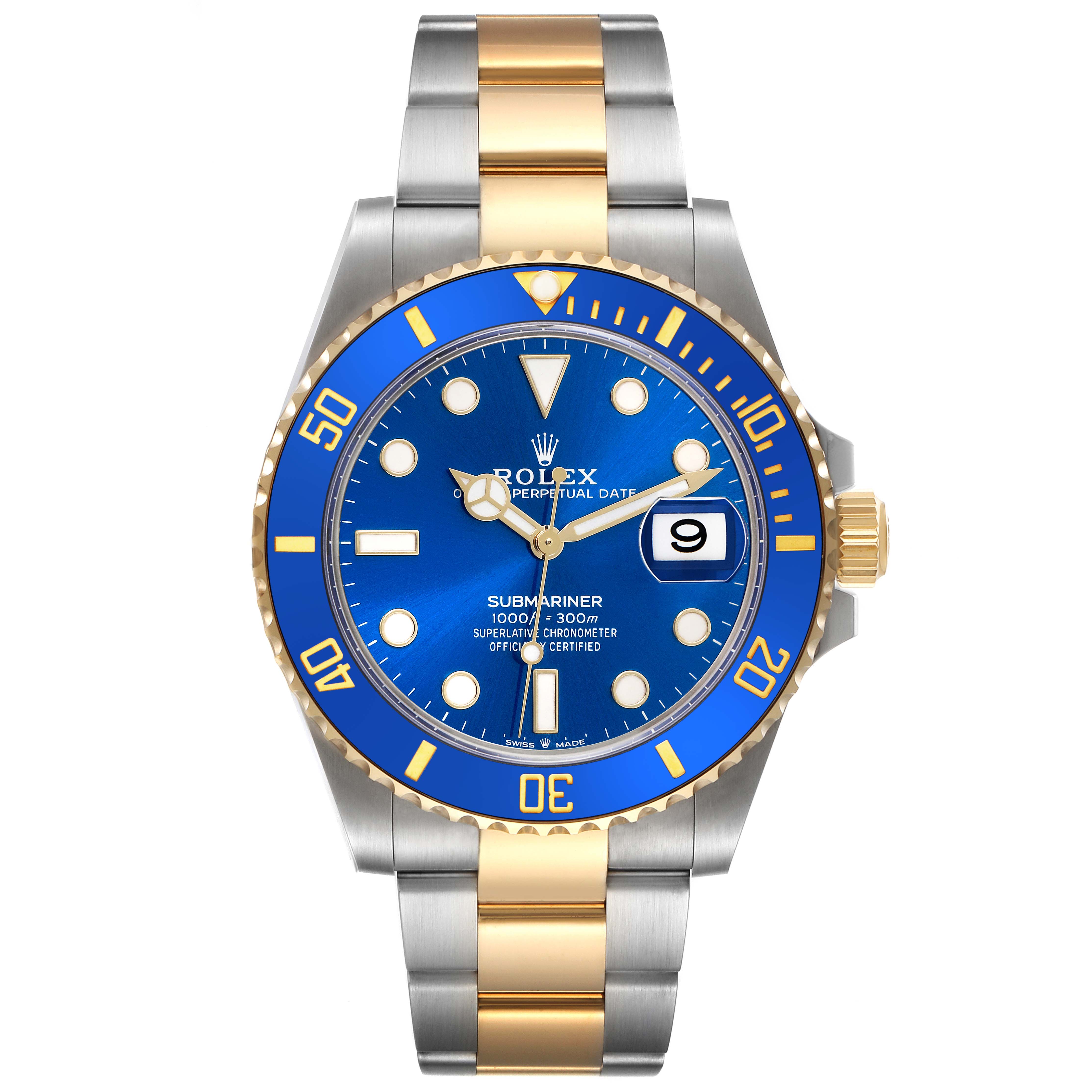 The Rolex Submariner 126613LB Men's Steel and Gold (two tone) Blue Dial 126613LB Men's Steel and Gold (two tone) Blue Dial is shown from the front, displaying the face, bezel, and bracelet.