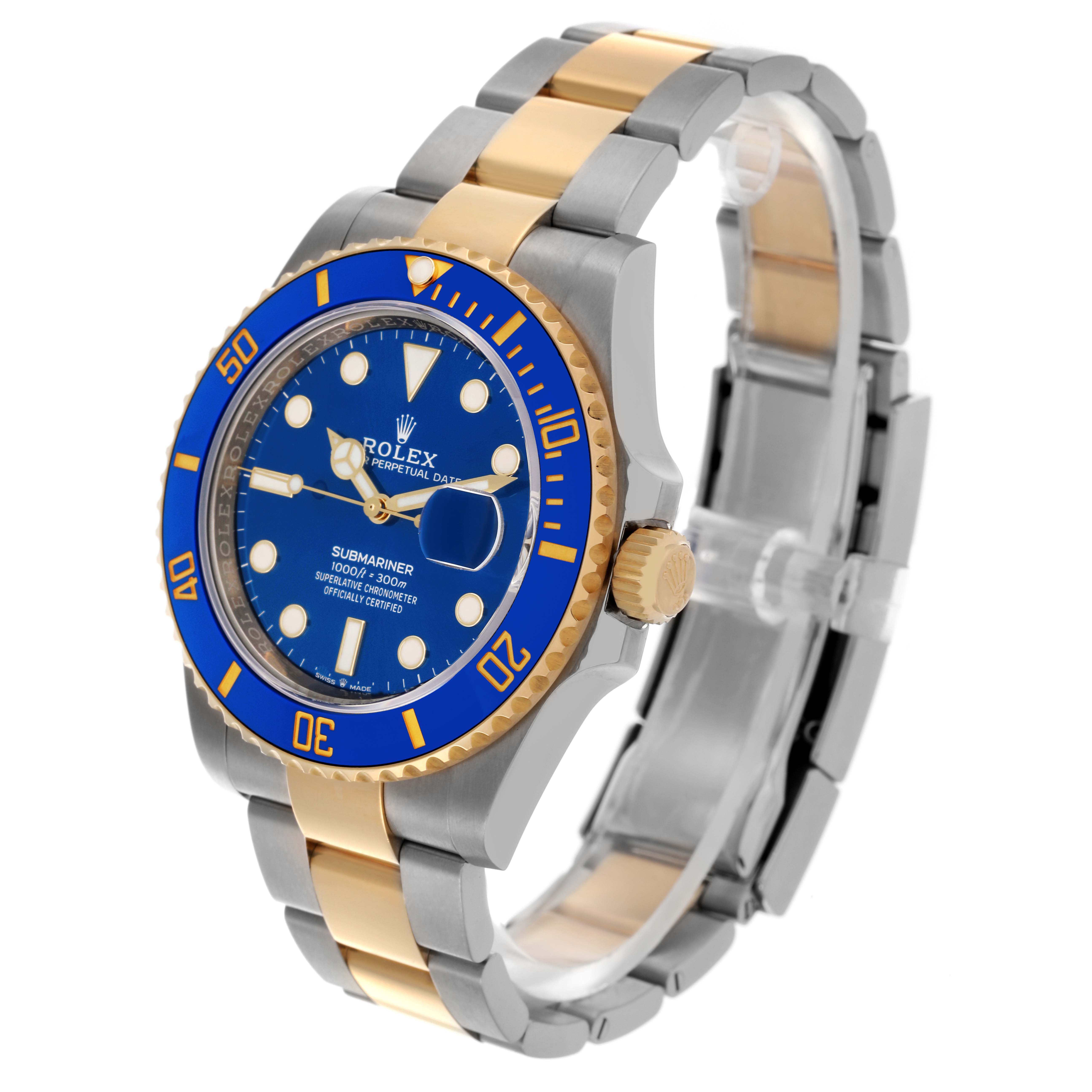 The Rolex Submariner 126613LB Men's Steel and Gold (two tone) Blue Dial 126613LB Men's Steel and Gold (two tone) Blue Dial watch is shown from an angled top view, displaying the bezel, face, and bracelet.