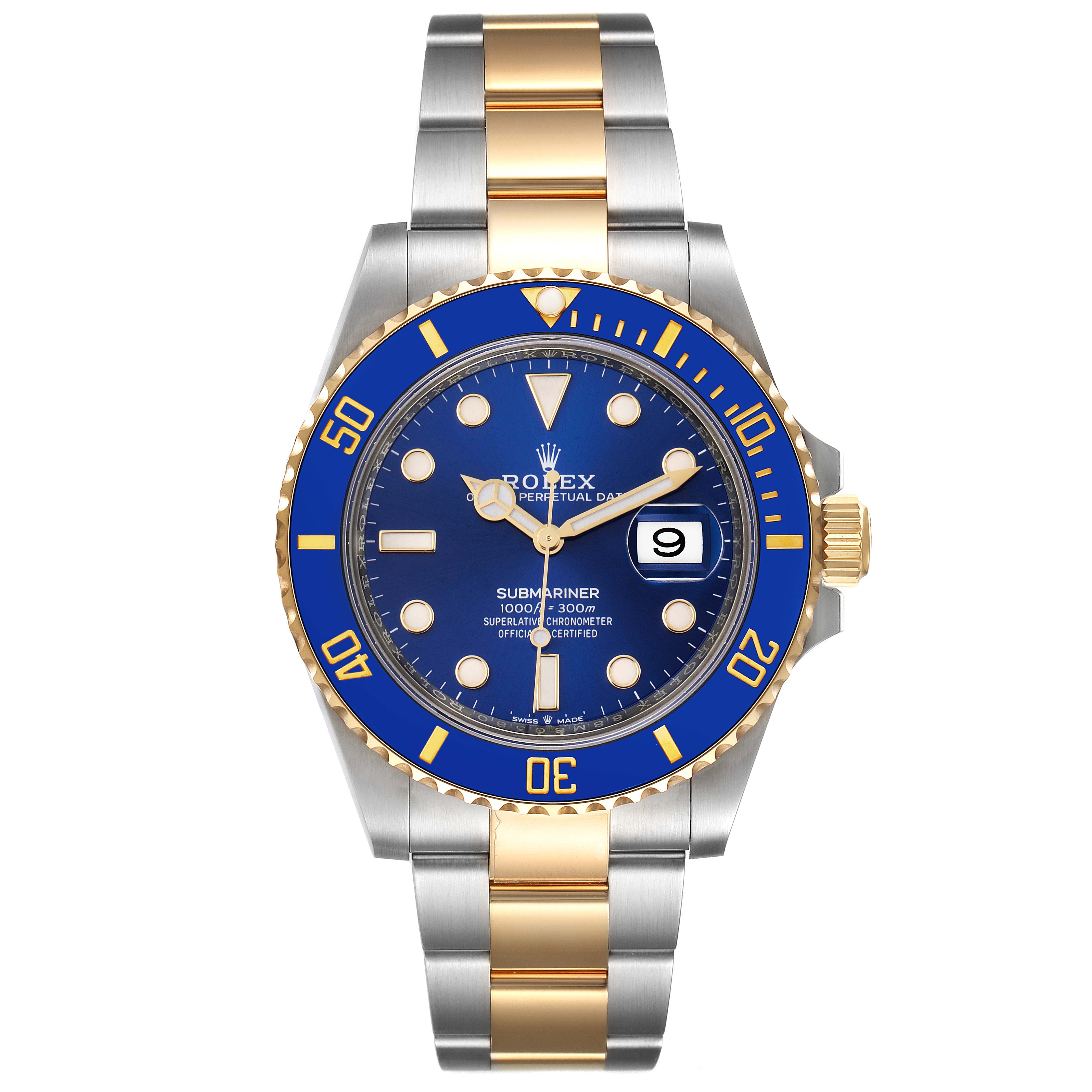 The image shows a frontal view of a Rolex Submariner 126613 Men's Steel and Gold (two tone) Blue Dial 126613 Men's Steel and Gold (two tone) Blue Dial watch with a blue dial and bezel, and a two-tone metal bracelet.