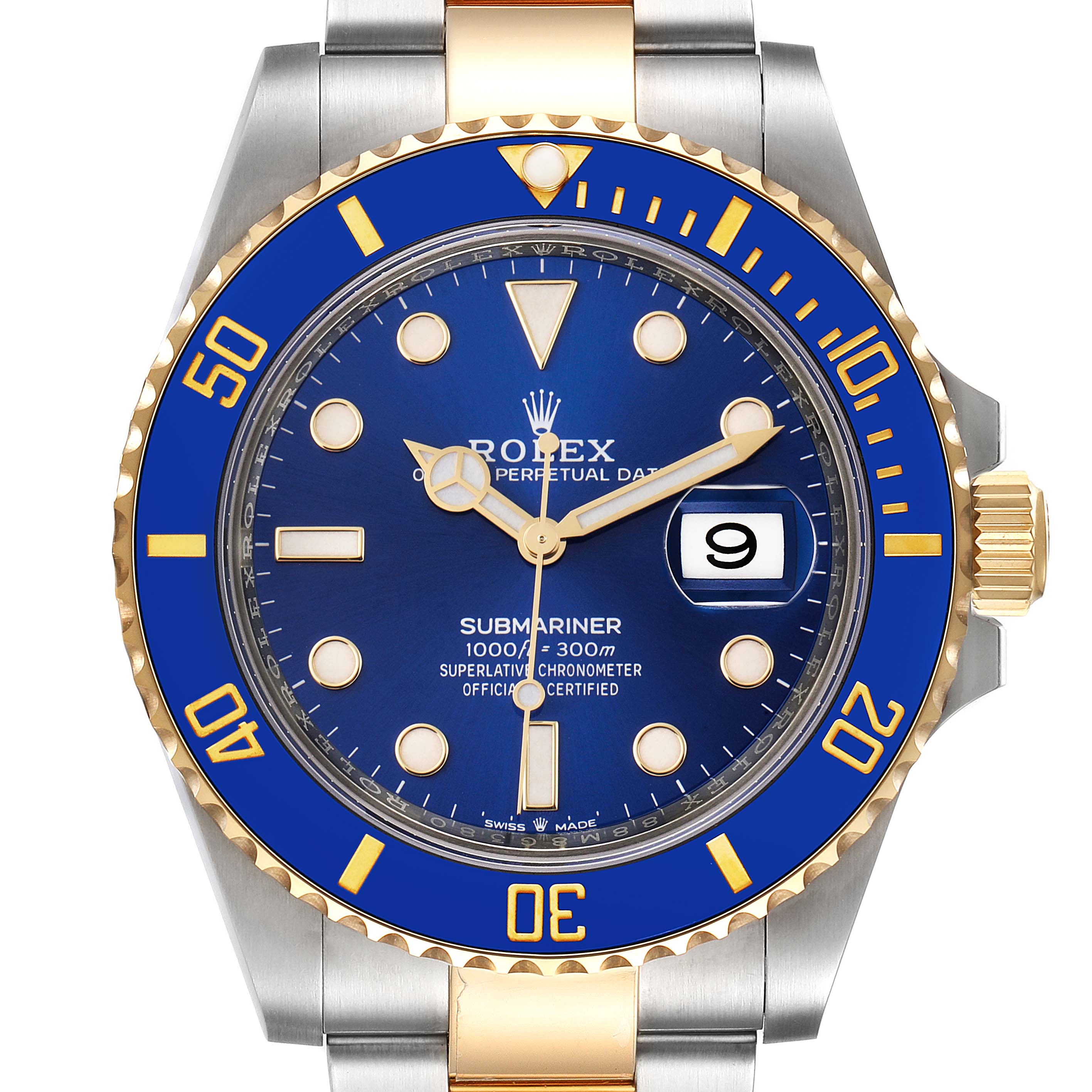 The image shows a front view of a Rolex Submariner 126613 Men's Steel and Gold (two tone) Blue Dial 126613 Men's Steel and Gold (two tone) Blue Dial watch, highlighting its blue dial, two-tone bracelet, and the date window at 3 o'clock.