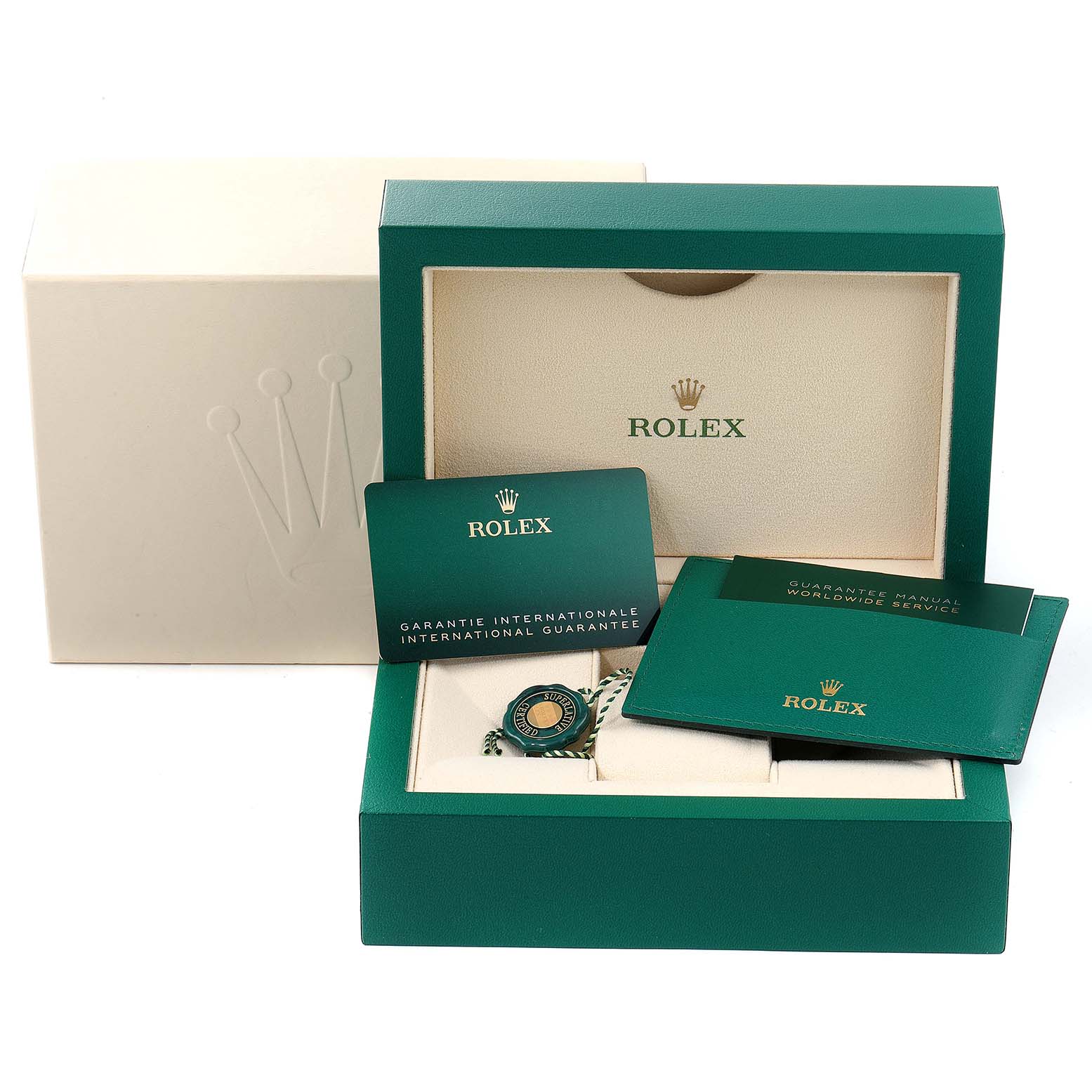 The image shows the Rolex Submariner 126613 Men's Steel and Gold (two tone) Blue Dial 126613 Men's Steel and Gold (two tone) Blue Dial watch box, international guarantee card, guarantee manual, and green seal.