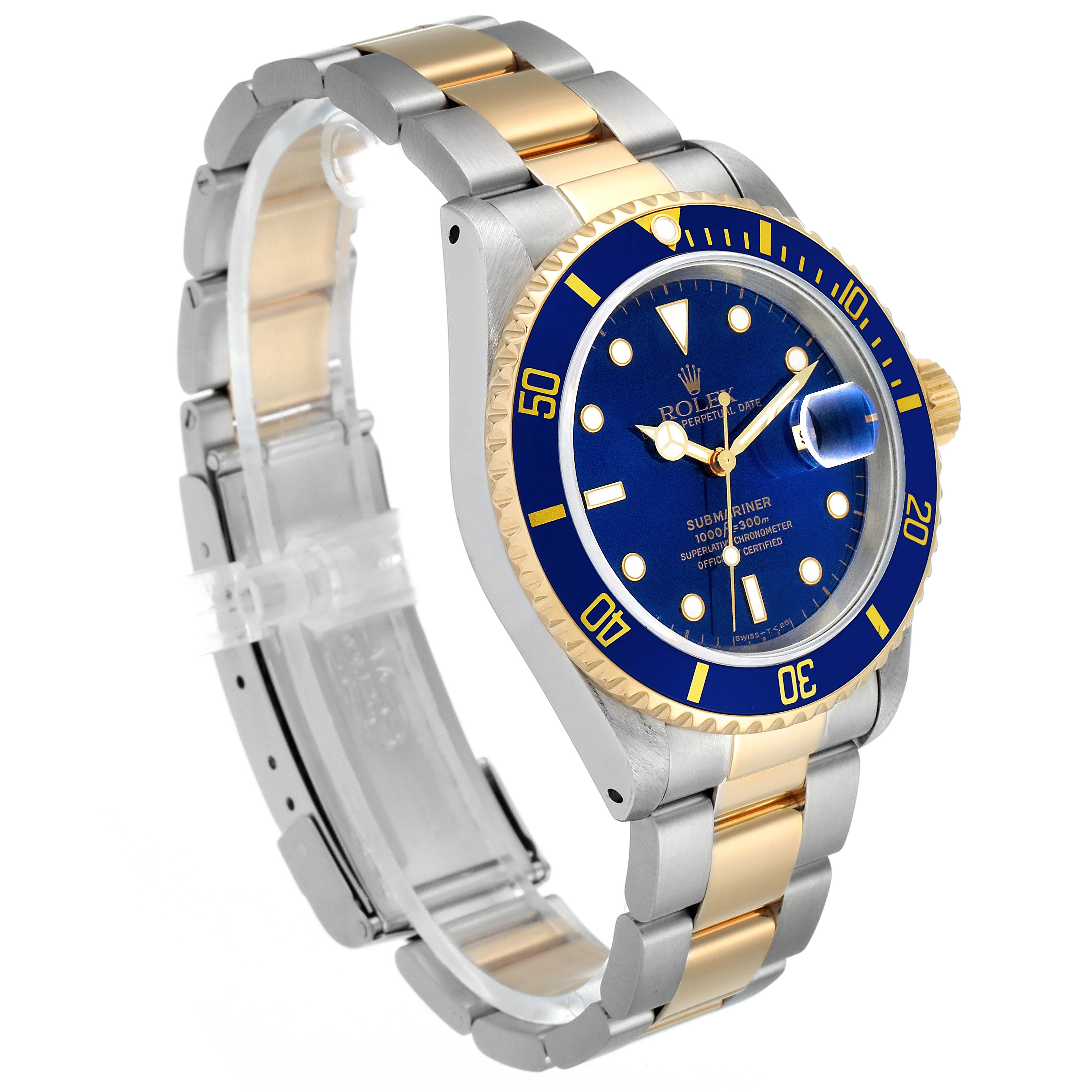 This Rolex Submariner 16613 Men's Steel and Gold (two tone) Blue Dial 16613 Men's Steel and Gold (two tone) Blue Dial watch is shown at a three-quarter angle, featuring its face, bezel, crown, and two-tone bracelet.