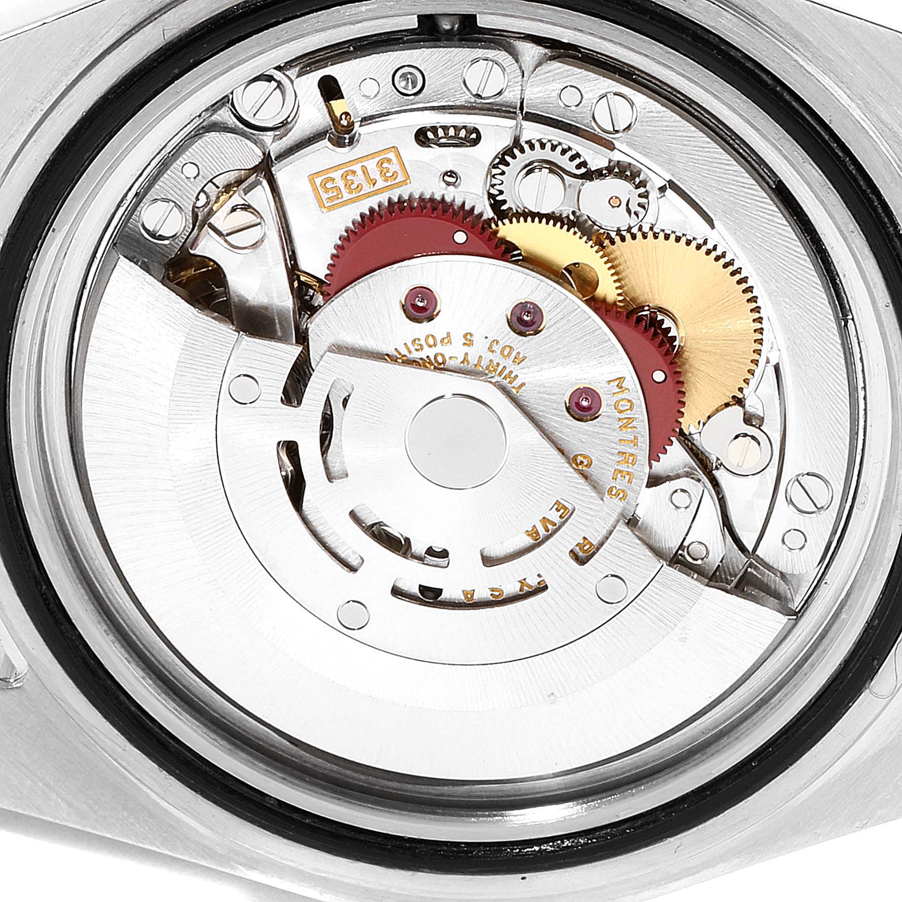 This image shows the internal mechanism of a Rolex Submariner 16613 Men's Steel and Gold (two tone) Blue Dial 16613 Men's Steel and Gold (two tone) Blue Dial watch, highlighting gears and movement components.