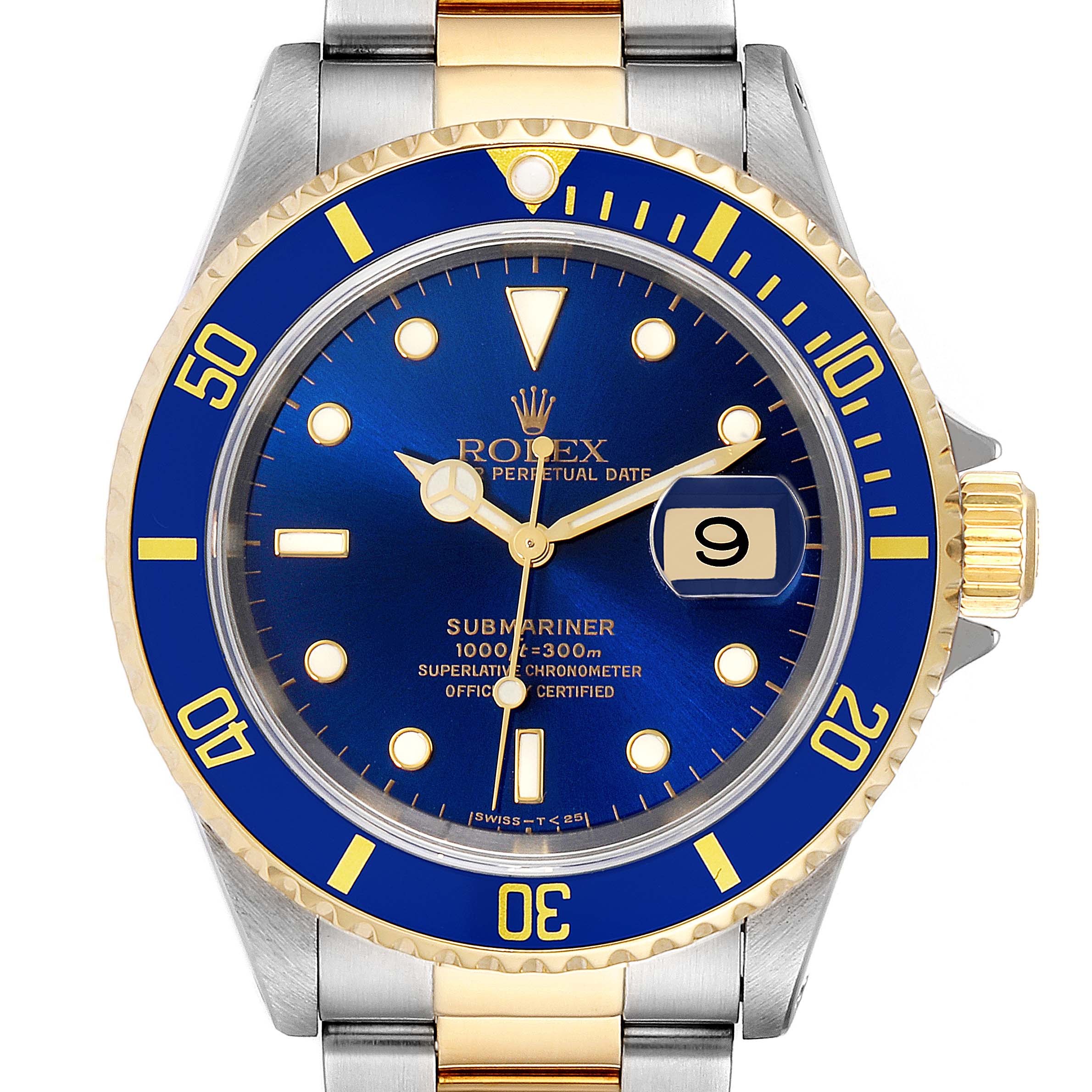 This image shows a front view of the Rolex Submariner 16613 Men's Steel and Gold (two tone) Blue Dial 16613 Men's Steel and Gold (two tone) Blue Dial watch, highlighting its blue dial, date window, and two-tone bezel and bracelet.