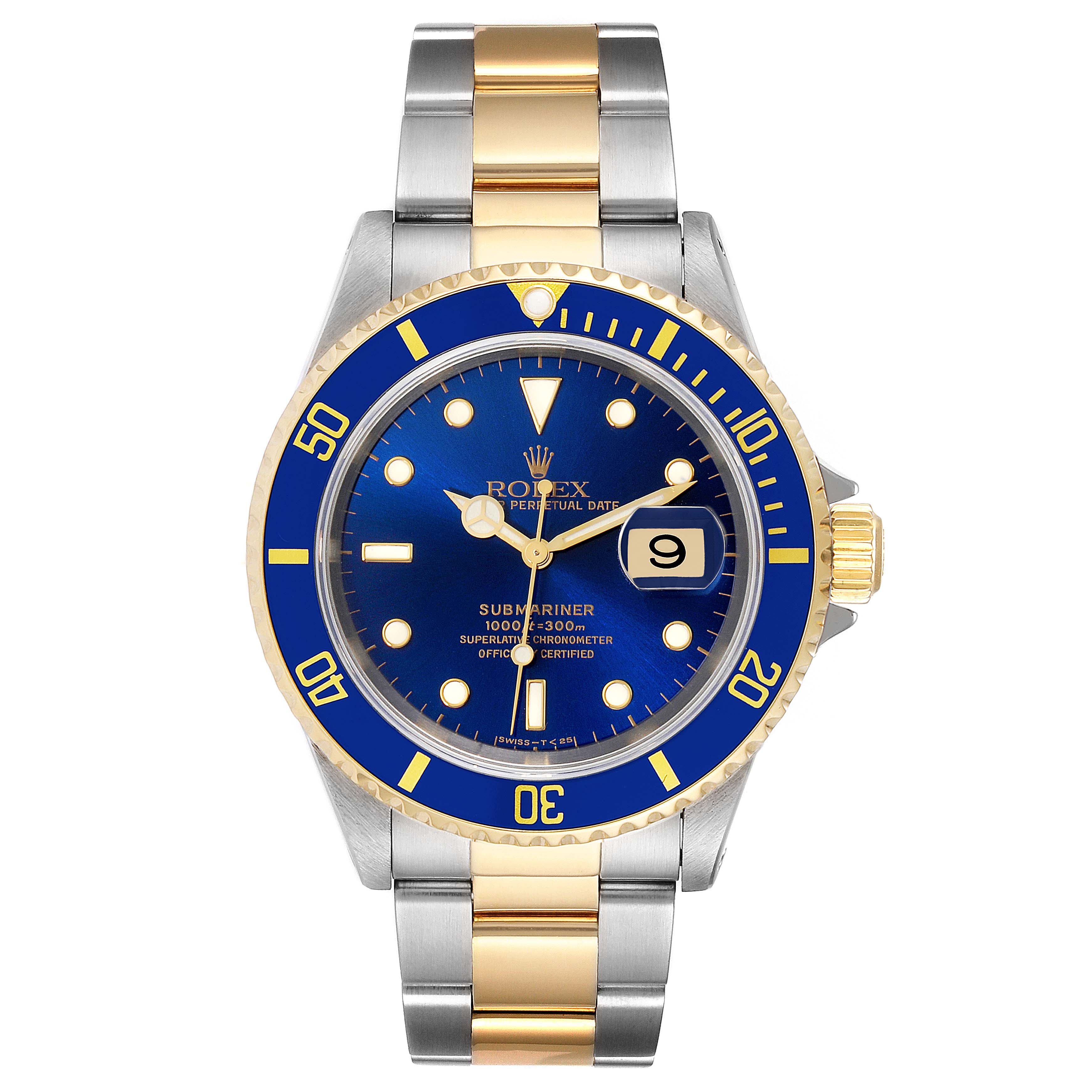 The image shows a Rolex Submariner 16613 Men's Steel and Gold (two tone) Blue Dial 16613 Men's Steel and Gold (two tone) Blue Dial watch from a front angle, displaying the face, bezel, lugs, and bracelet.