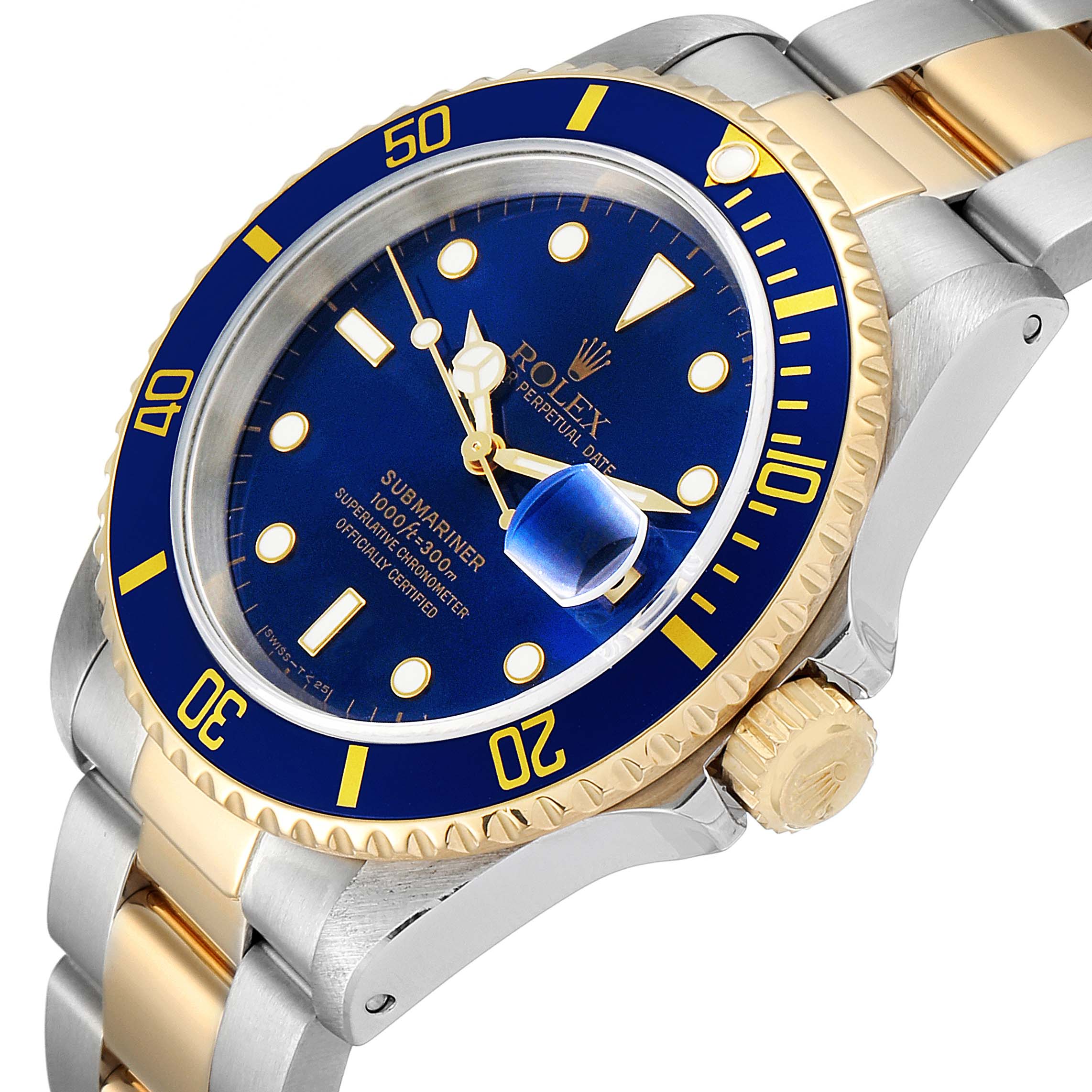 The image shows a side angle of a Rolex Submariner 16613 Men's Steel and Gold (two tone) Blue Dial 16613 Men's Steel and Gold (two tone) Blue Dial watch, highlighting its blue dial, bezel, and gold-accented bracelet.