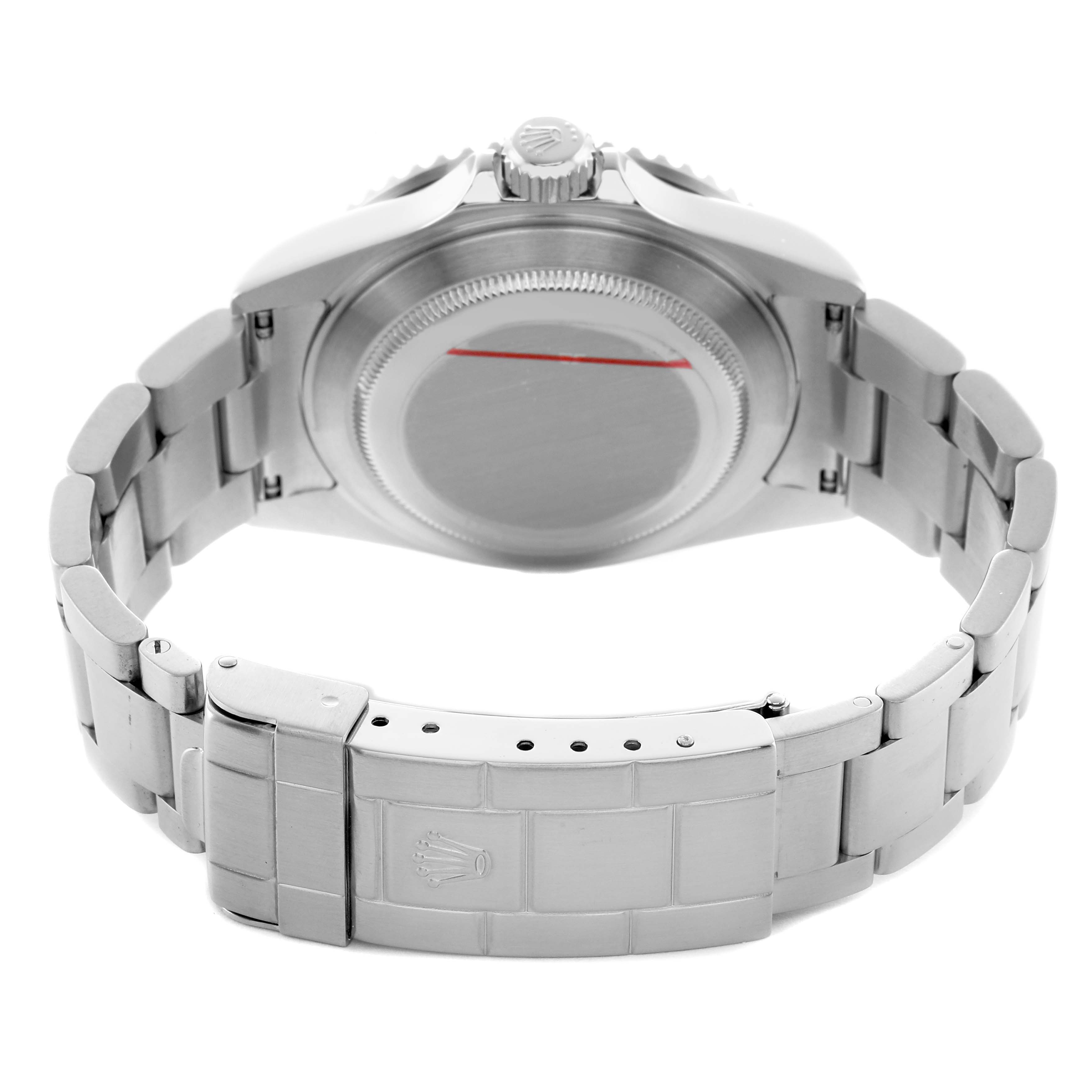 The image shows the back and clasp of a Rolex Submariner 16610 Men's Stainless Steel Black Dial watch, highlighting the bracelet and case back.