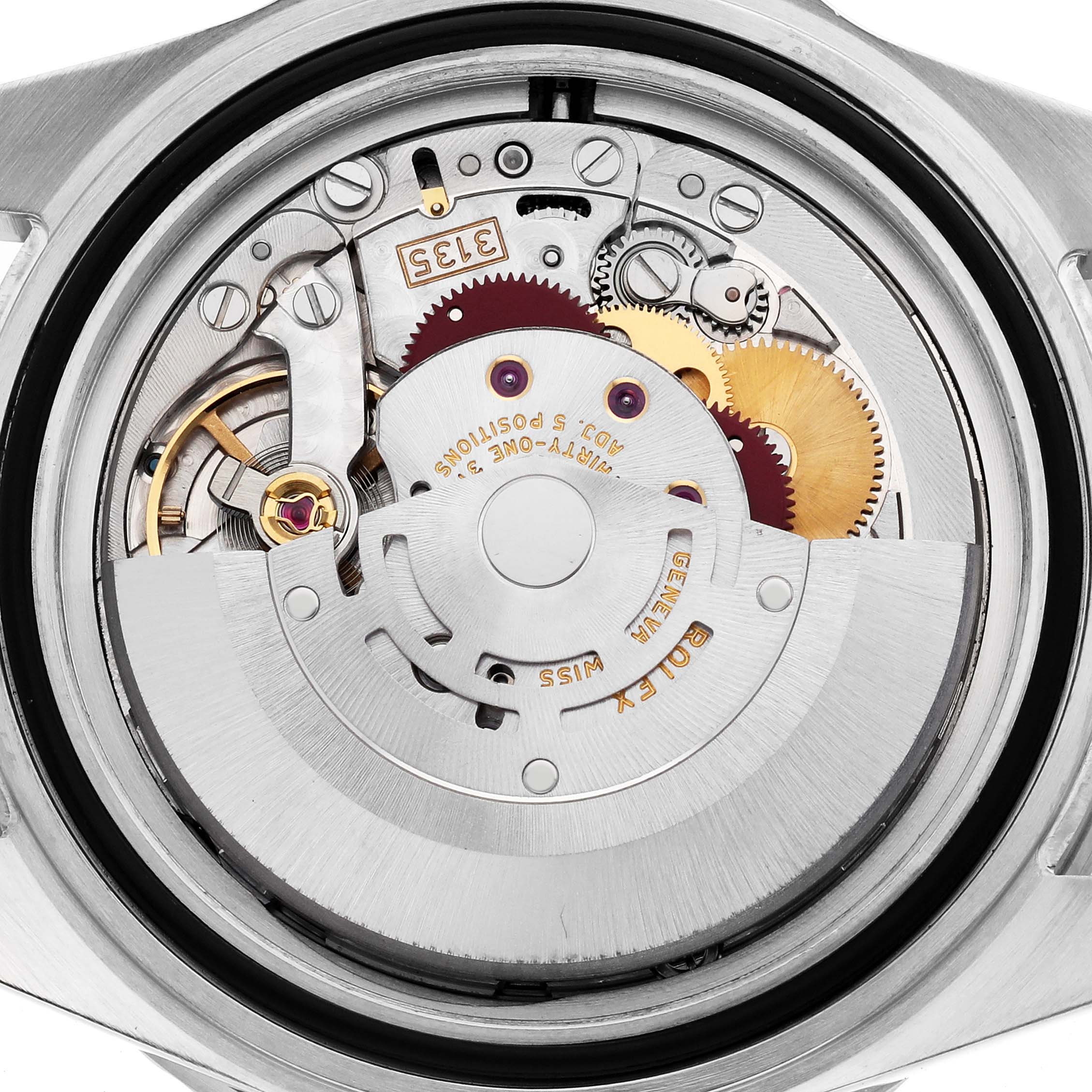 The image shows the internal mechanical movement of a Rolex Submariner 16610 Men's Stainless Steel Black Dial watch from a top-down angle.