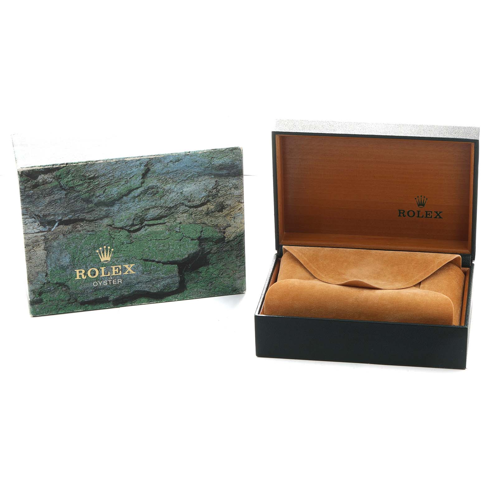 The image shows the case and box of a Rolex Submariner 16610 Men's Stainless Steel Black Dial, including its leather cover and decorative packaging.