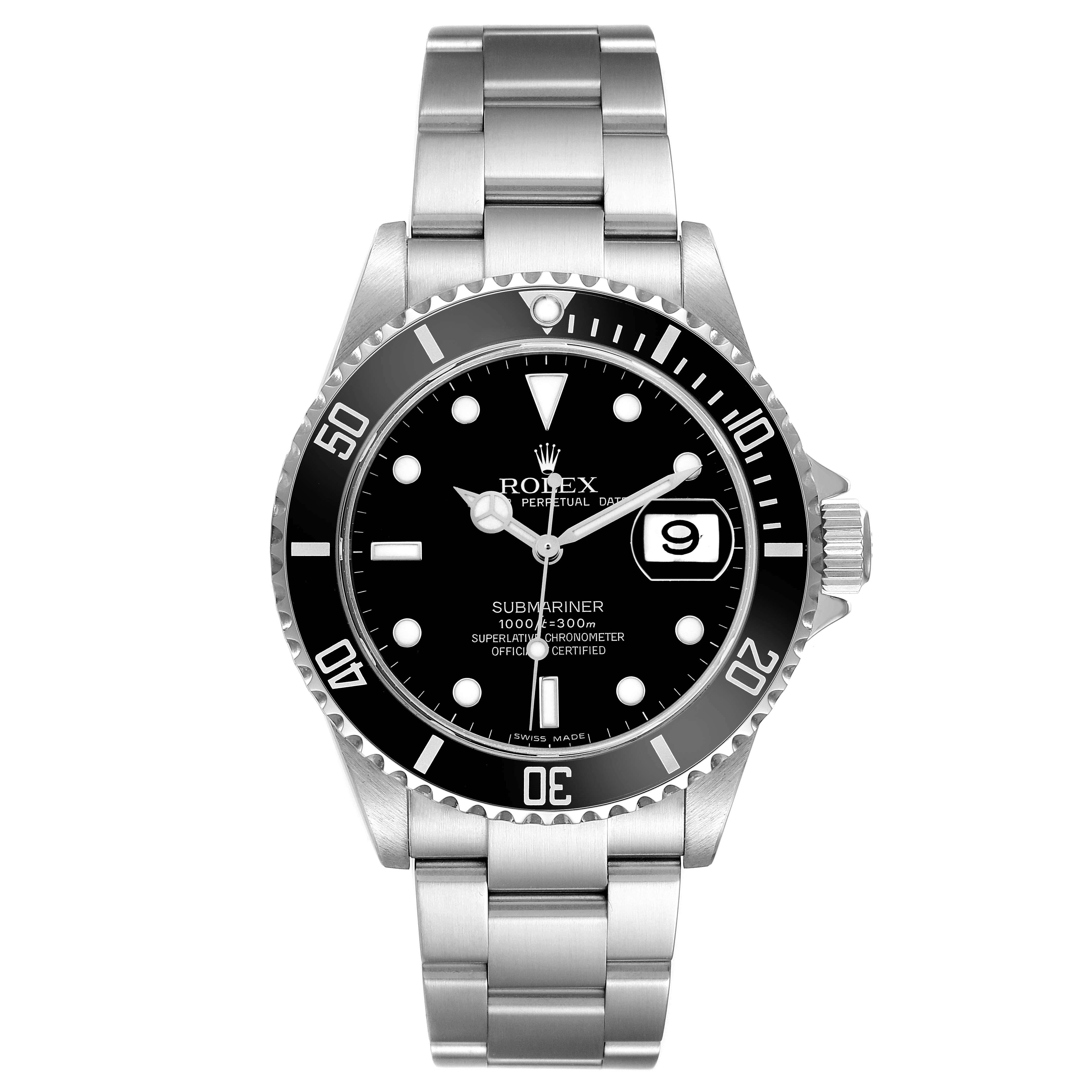The Rolex Submariner 16610 Men's Stainless Steel Black Dial watch is shown from a front angle, displaying the face, bezel, bracelet, and crown.
