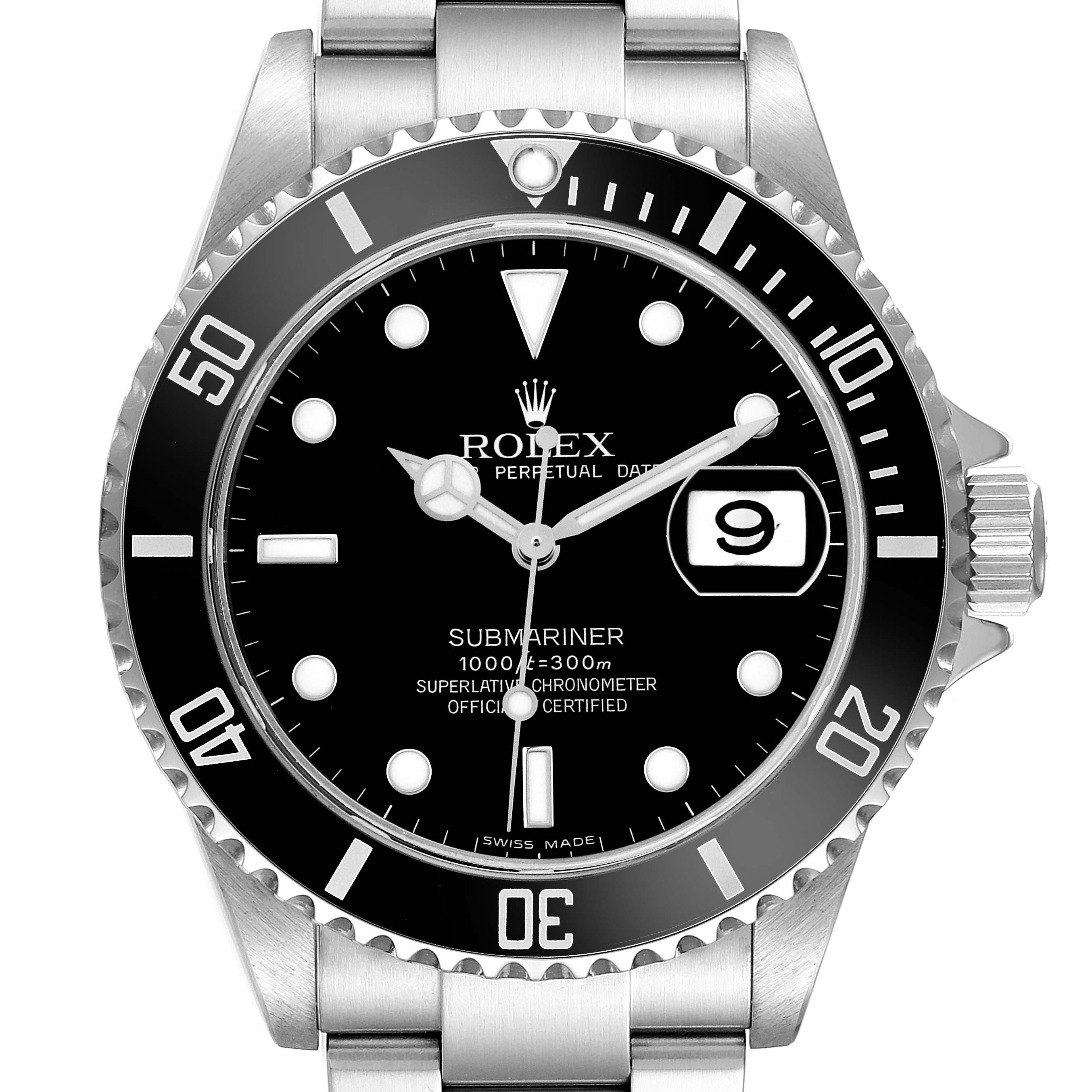 The Rolex Submariner 16610 Men's Stainless Steel Black Dial watch is shown from the front, displaying the dial, bezel, and date window.