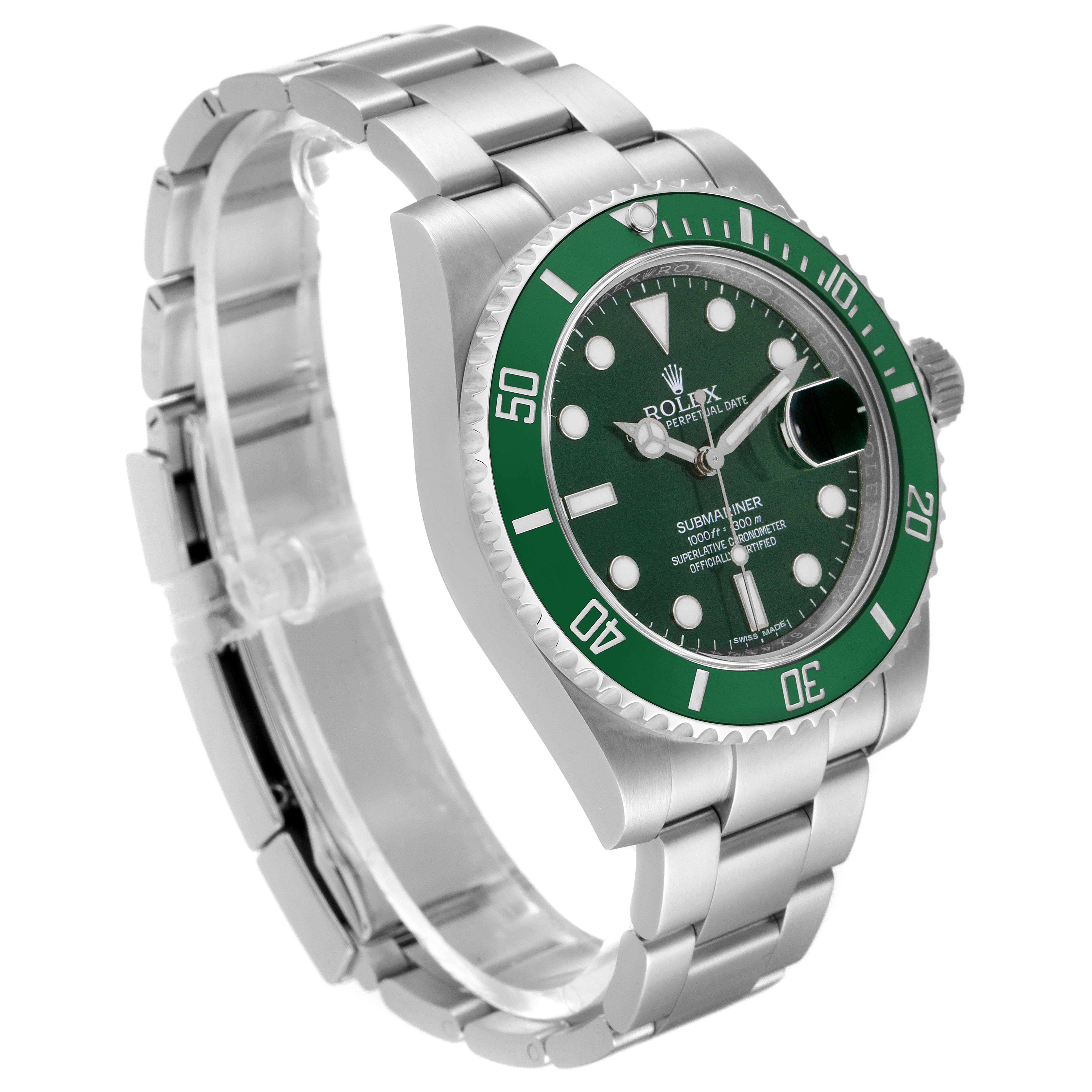 The image shows a side angle of a Rolex Submariner 116610LV Men
s Stainless Steel Green Dial 116610LV Men
s Stainless Steel Green Dial watch, highlighting its green bezel, dial, and stainless steel bracelet.