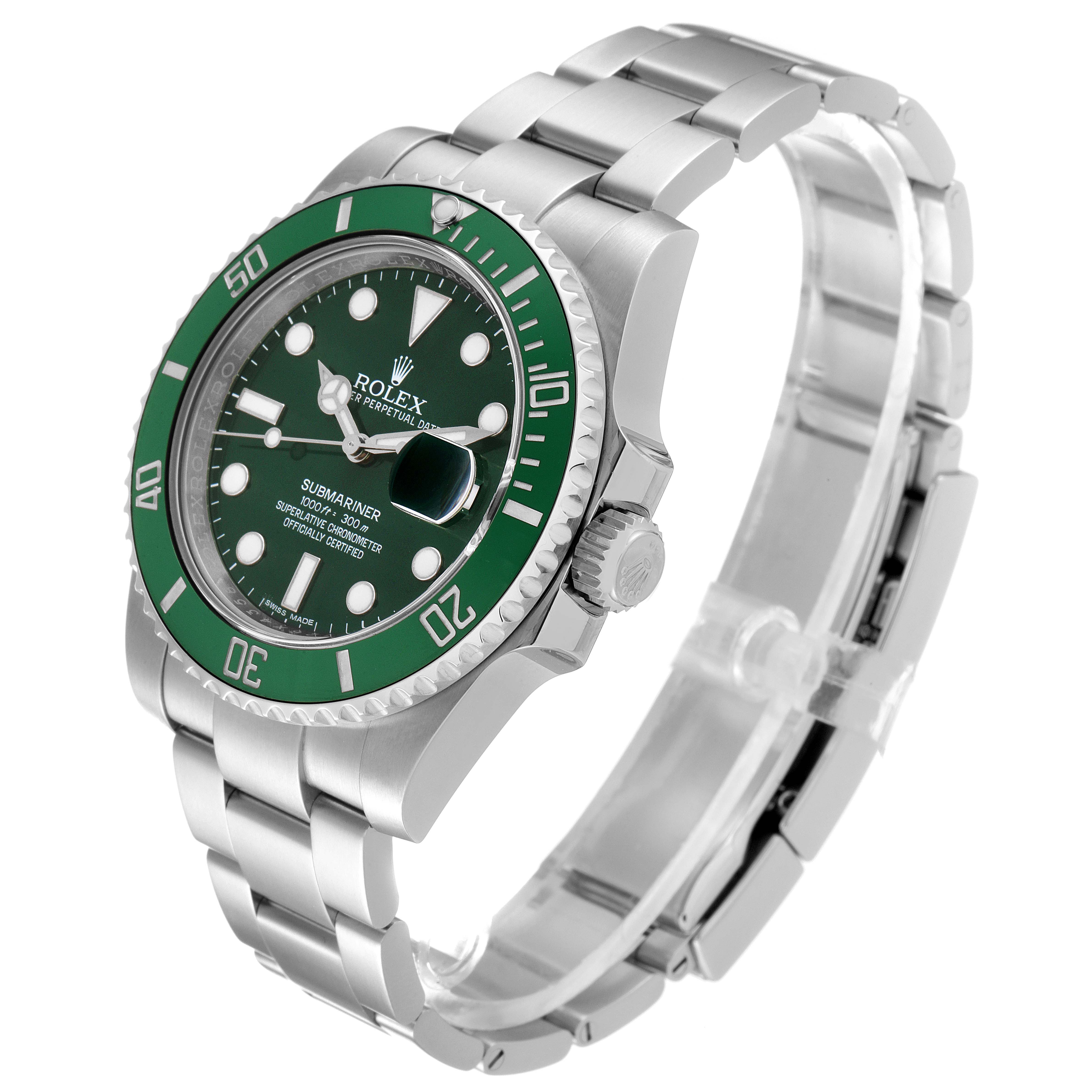 The image shows a Rolex Submariner 116610LV Men
s Stainless Steel Green Dial 116610LV Men
s Stainless Steel Green Dial watch at a three-quarter angle, displaying the face, bezel, crown, and bracelet.