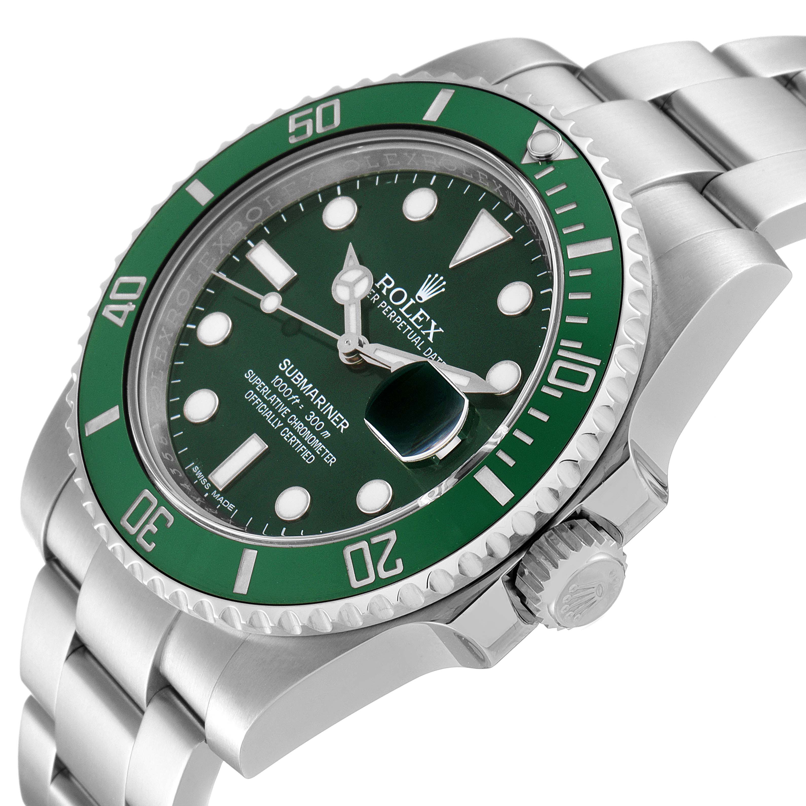 The image shows an angled close-up of a Rolex Submariner 116610LV Men
s Stainless Steel Green Dial 116610LV Men
s Stainless Steel Green Dial watch, highlighting its green bezel, dial, crown, and bracelet.