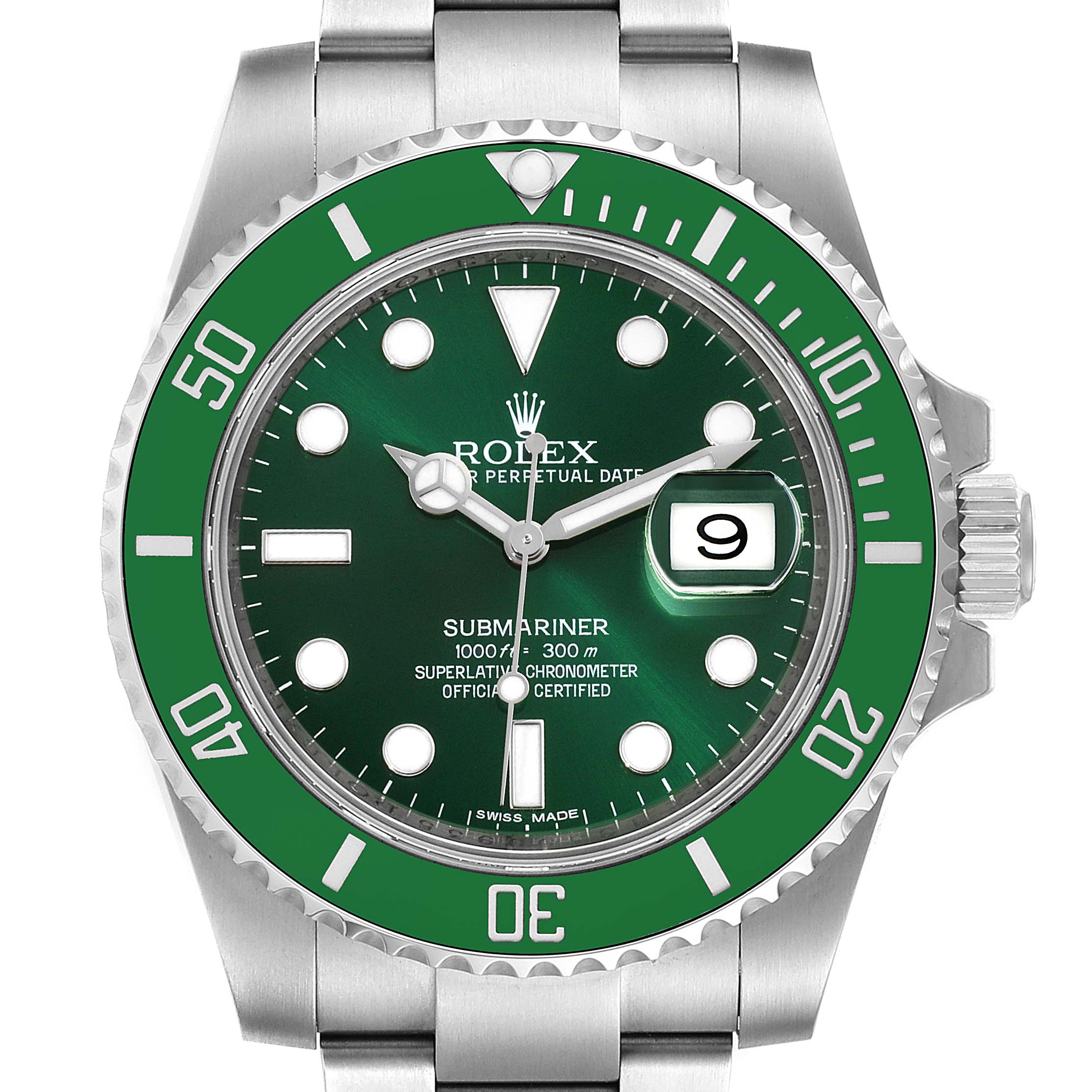 This image shows a frontal view of a Rolex Submariner 116610LV Men
s Stainless Steel Green Dial 116610LV Men
s Stainless Steel Green Dial watch, highlighting the bezel, dial, hands, and crown.