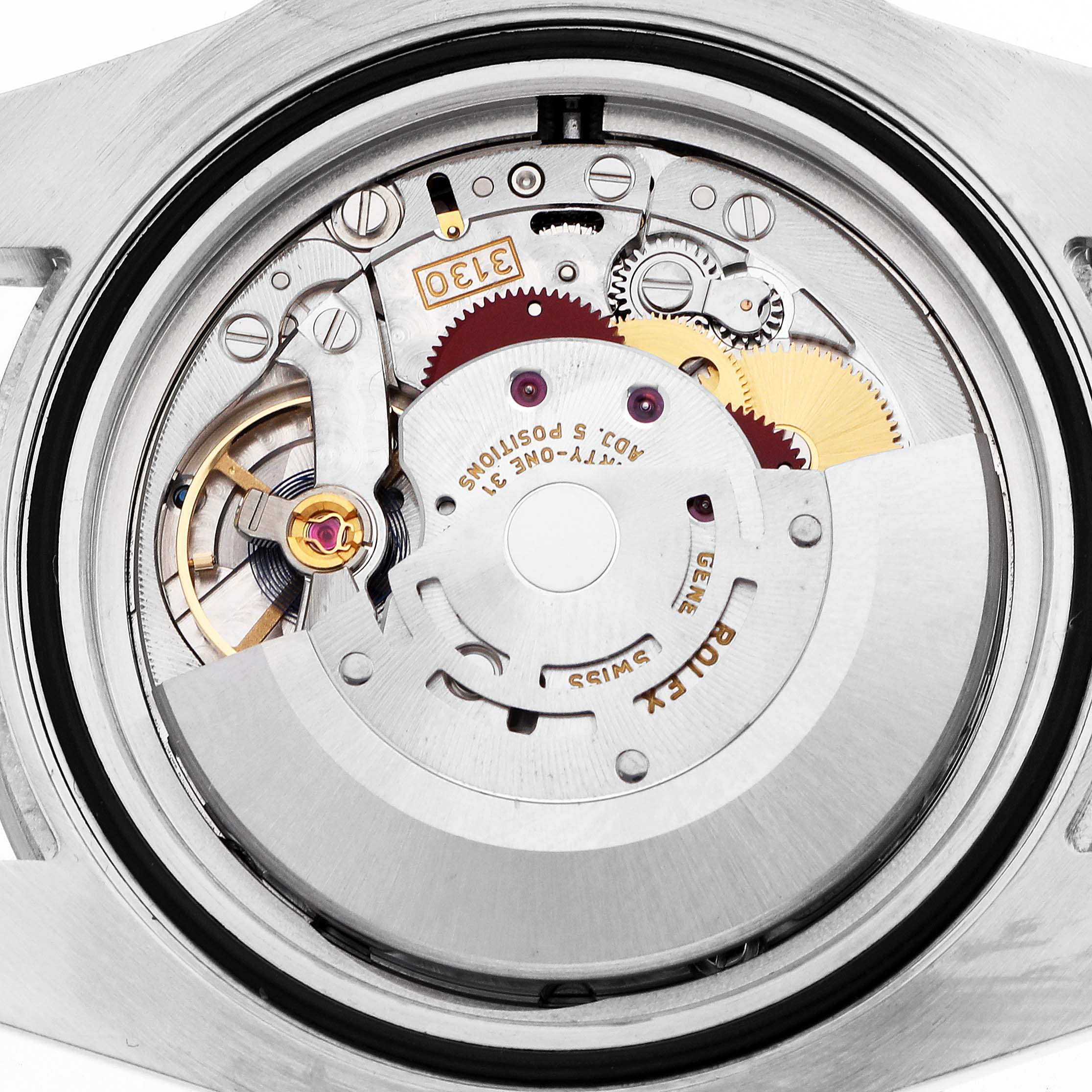 The image shows the open case back view of a Rolex Submariner 114060 Men's Stainless Steel Black Dial, displaying its intricate movement and gears.