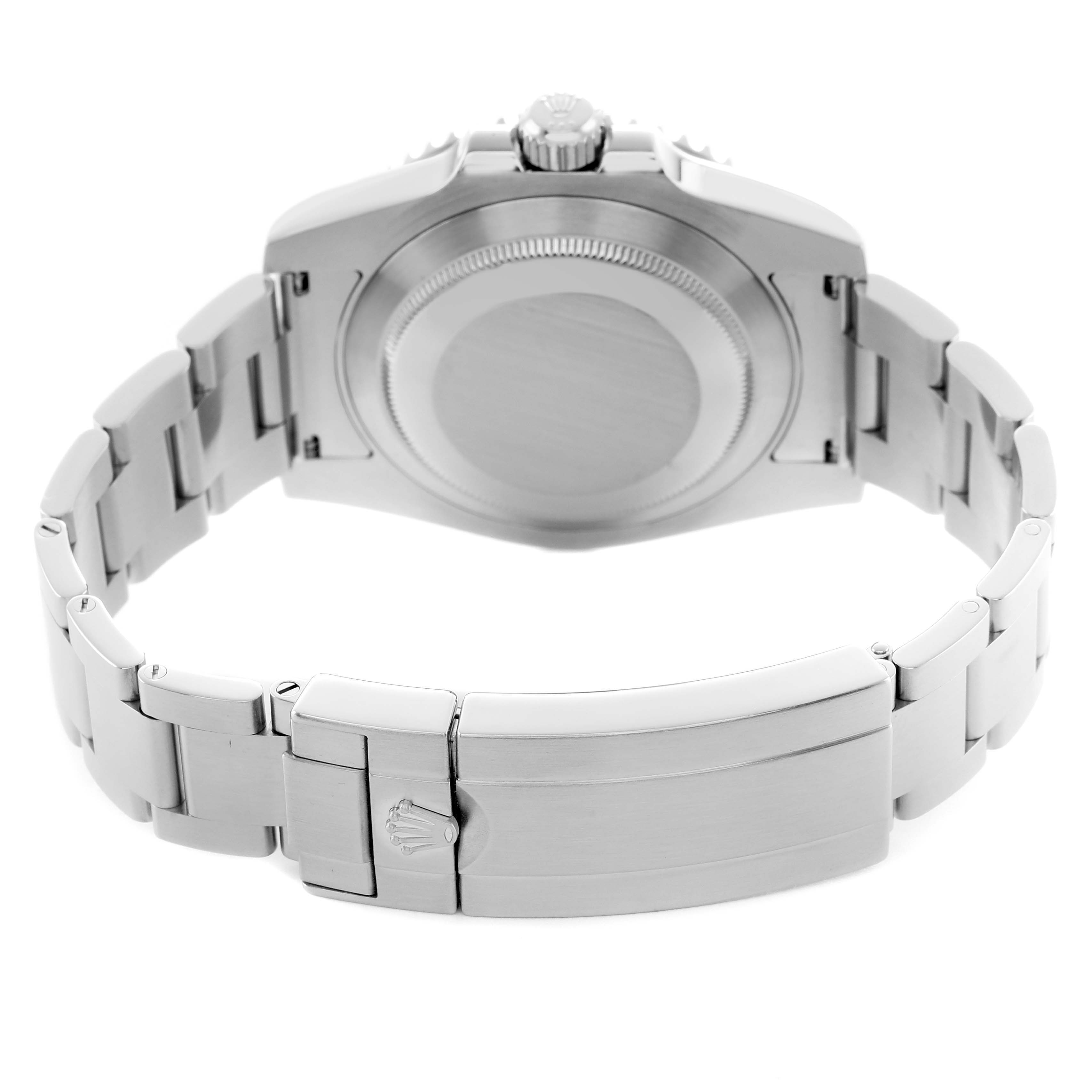 The image shows the back of a Rolex Submariner 114060 Men's Stainless Steel Black Dial, highlighting the case back, bracelet, and clasp.