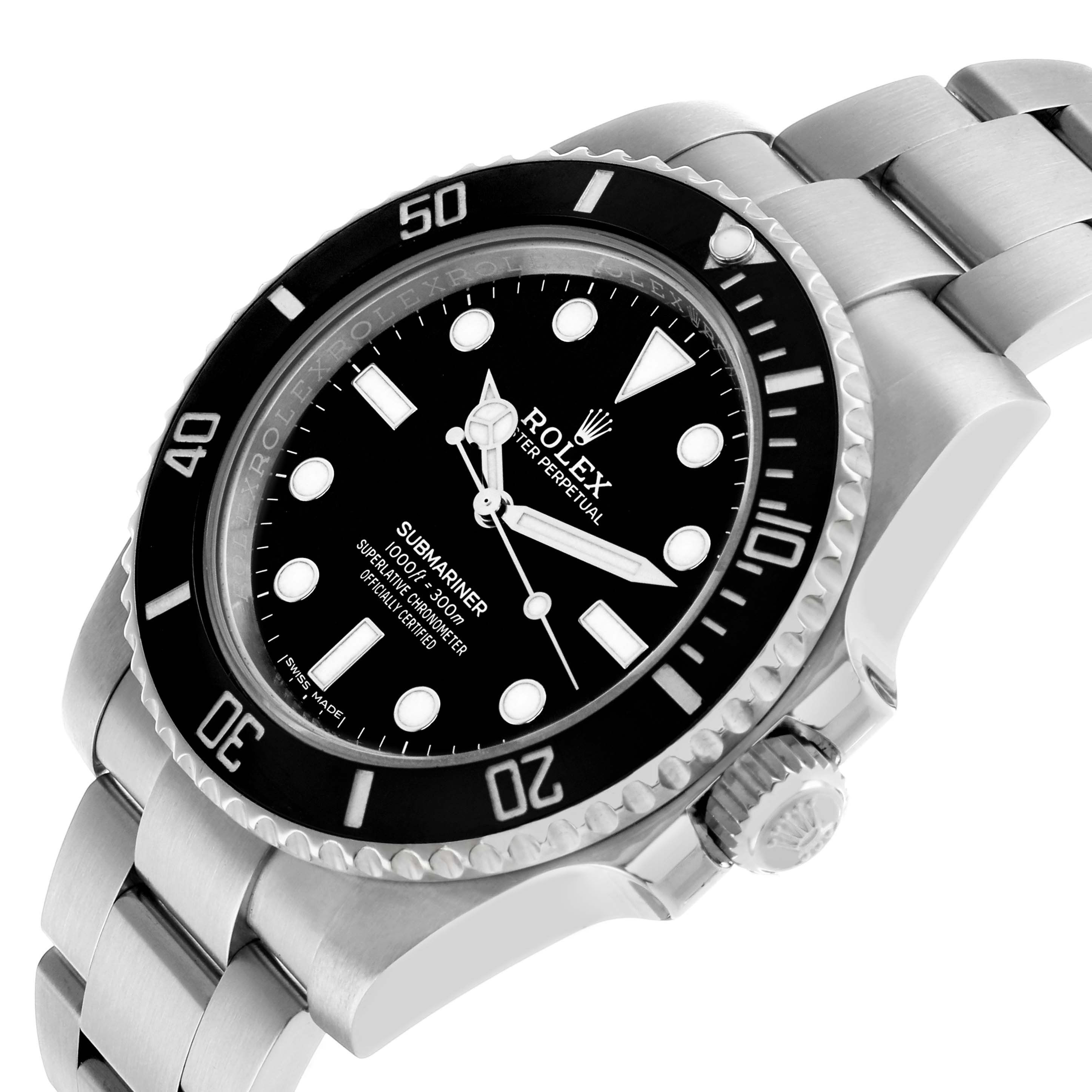 The Rolex Submariner 114060 Men's Stainless Steel Black Dial watch is shown at an angle displaying the face, bezel, crown, and part of the bracelet.