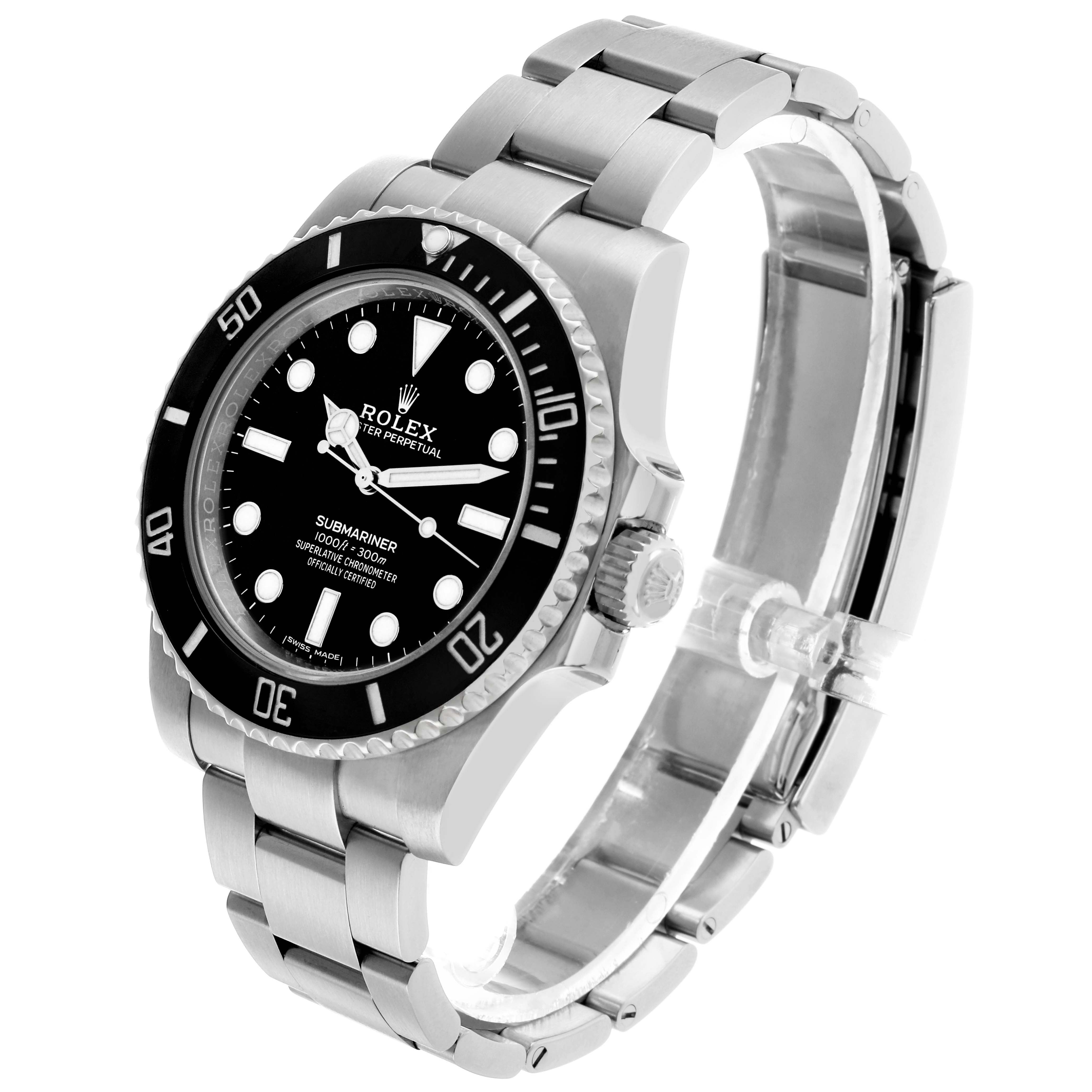 The Rolex Submariner 114060 Men's Stainless Steel Black Dial is shown at a three-quarter angle, displaying the face, bezel, crown, and stainless steel bracelet.