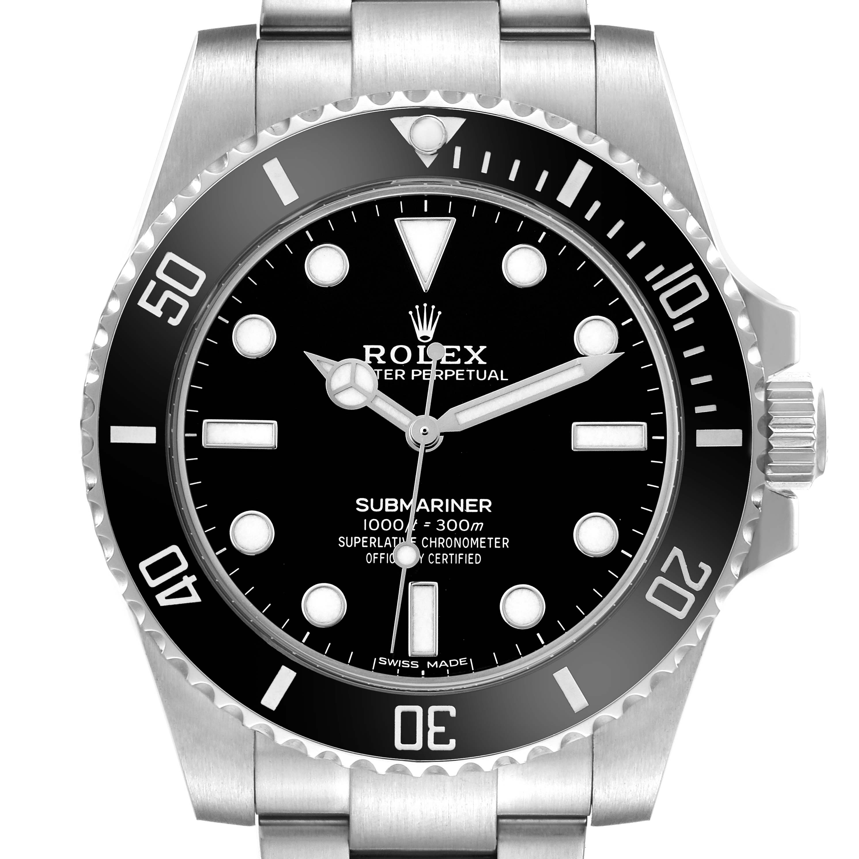 The image shows a front view of the Rolex Submariner 114060 Men's Stainless Steel Black Dial, highlighting the dial, bezel, and part of the bracelet.