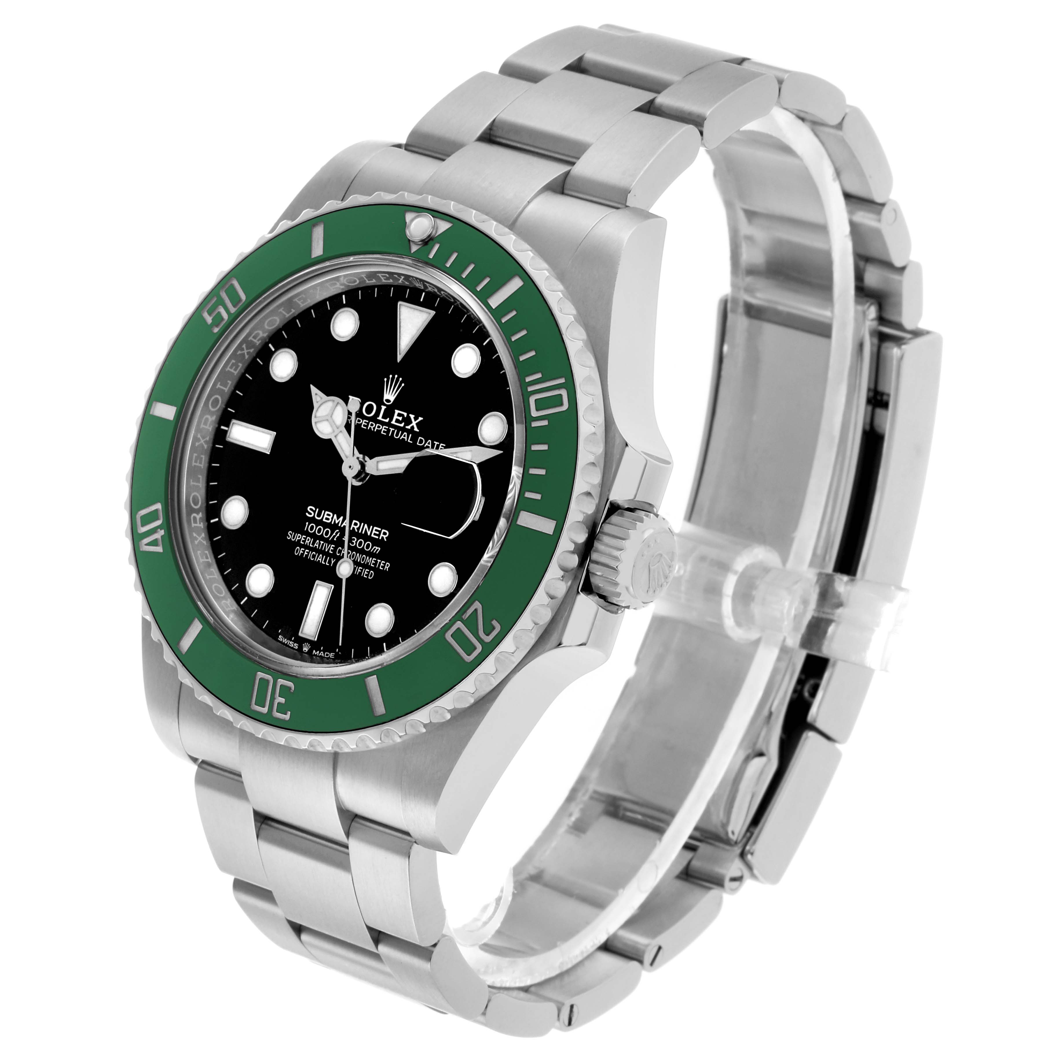 The Rolex Submariner 126610LV Men's Stainless Steel Black Dial watch is shown at an angled view, highlighting the green bezel, black dial, and stainless steel bracelet.