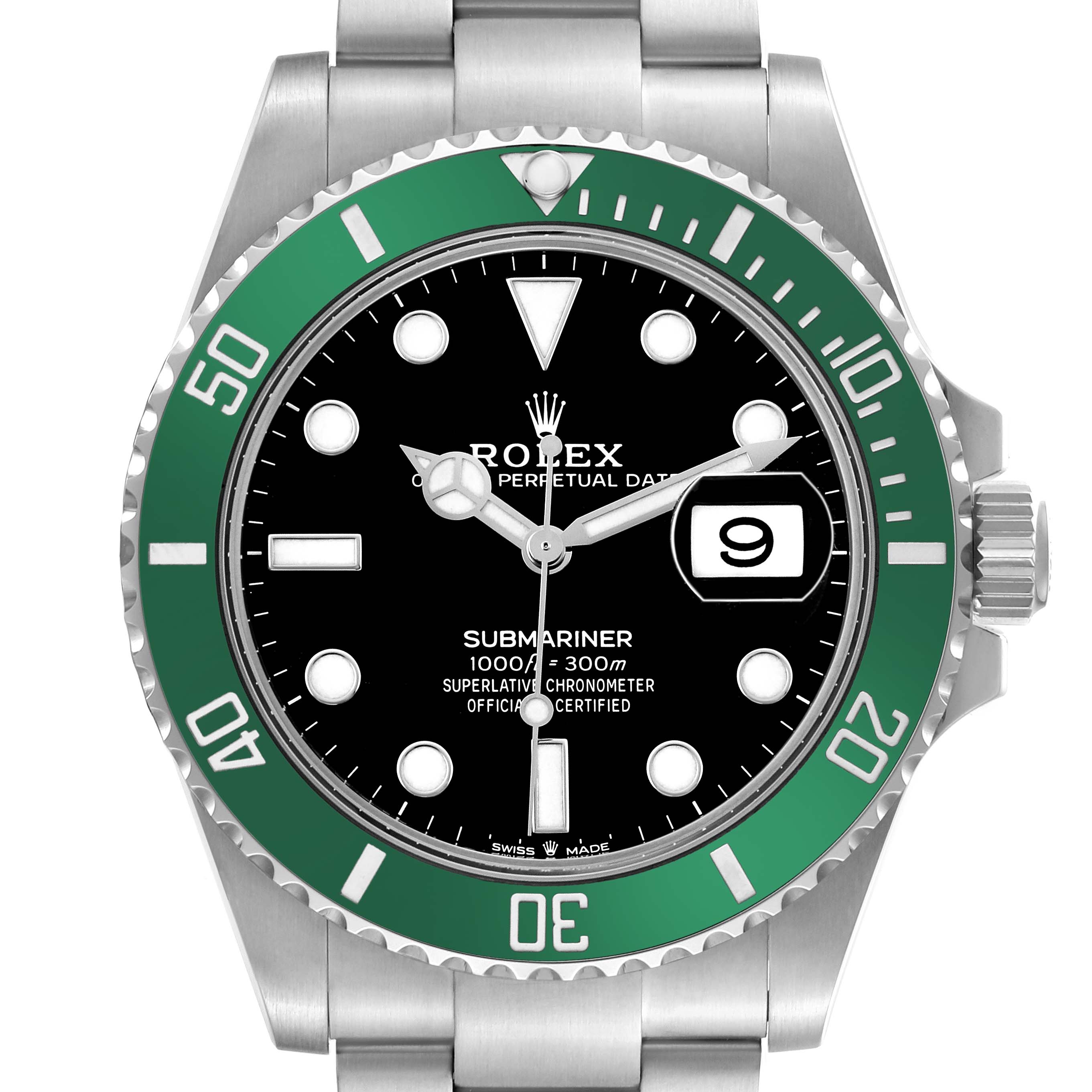 The Rolex Submariner 126610LV Men's Stainless Steel Black Dial watch is shown from the front, displaying its green bezel, black dial, date window, and luminous markers.
