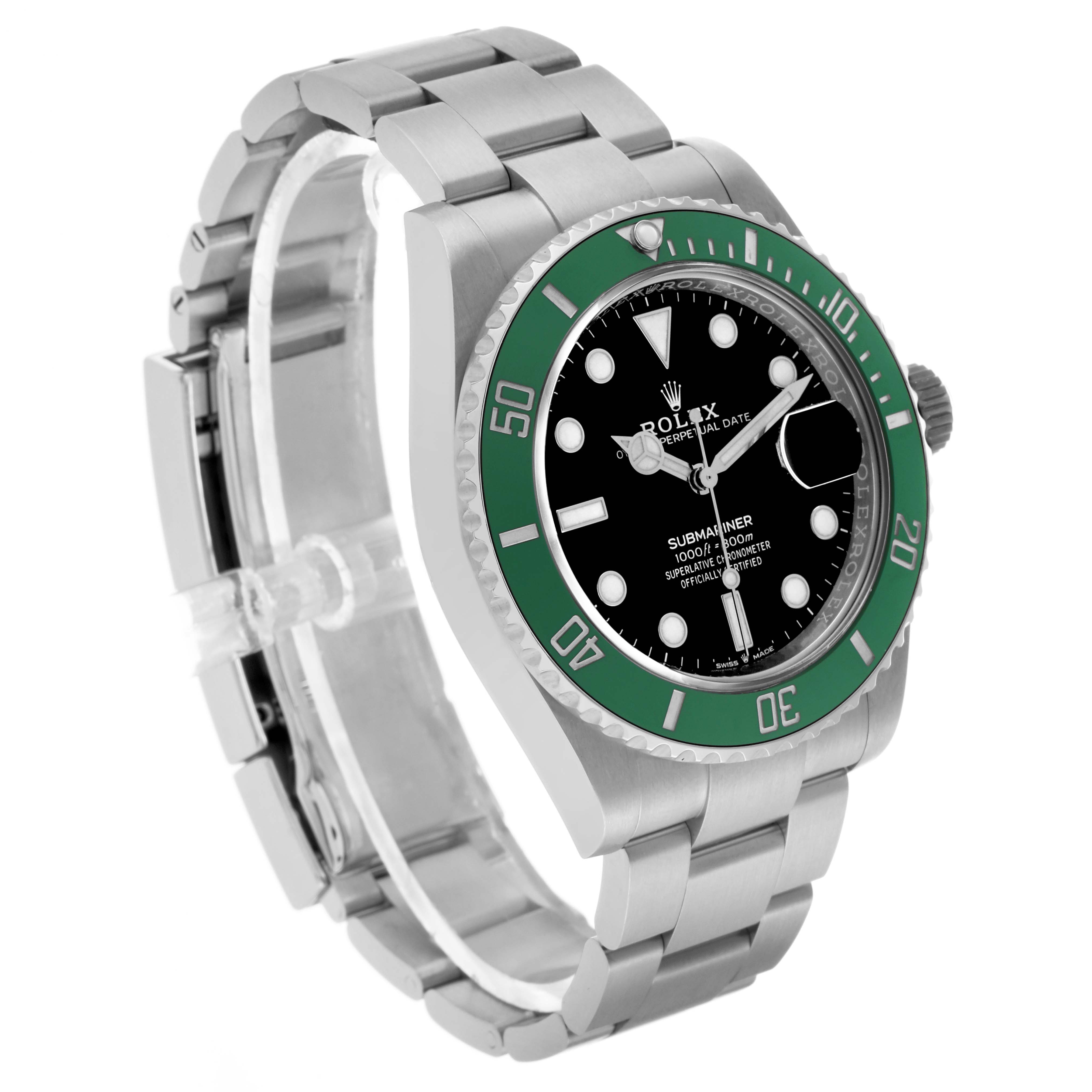 The Rolex Submariner 126610LV Men's Stainless Steel Black Dial watch is shown at a three-quarter angle, displaying the green bezel, black dial, and stainless steel bracelet.
