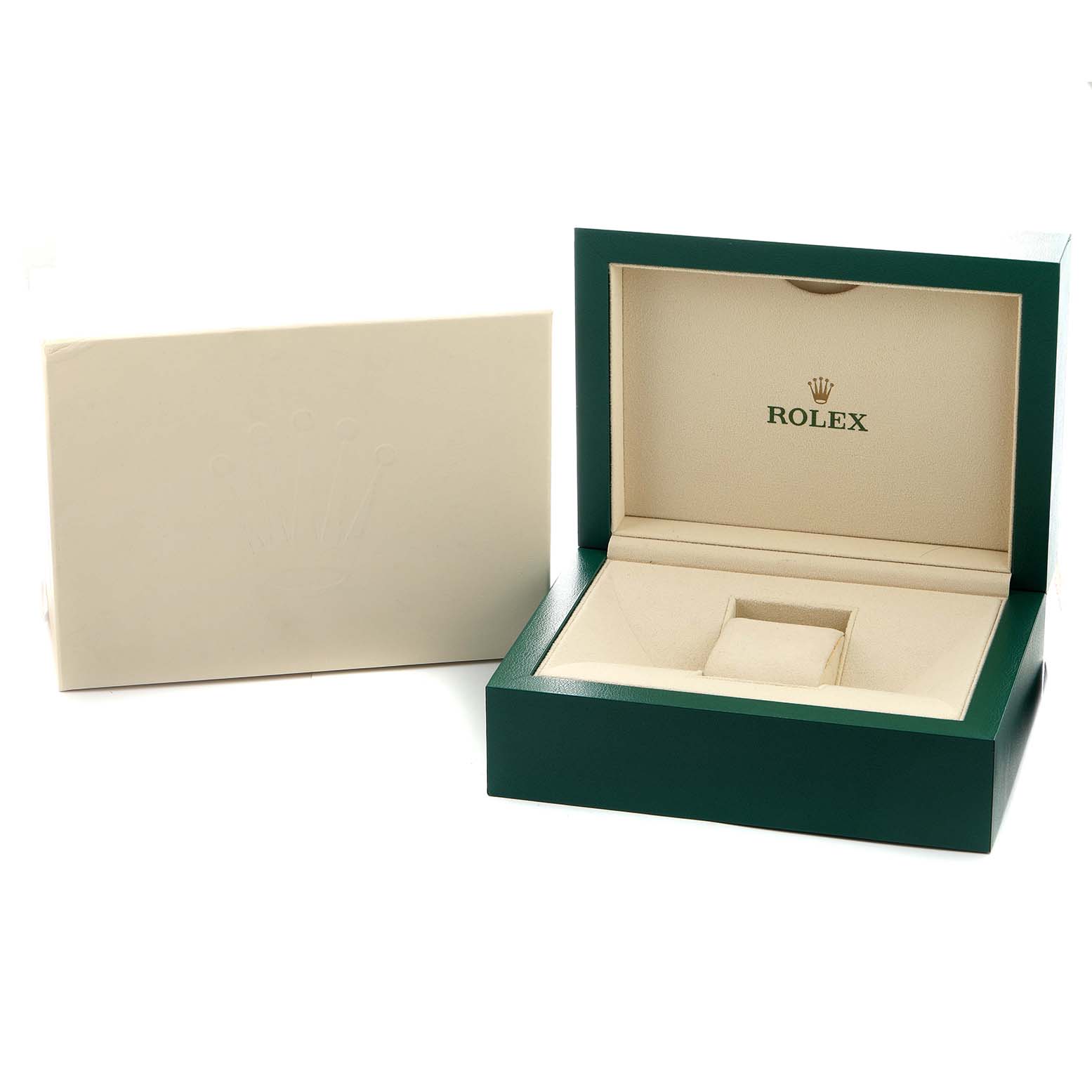 The image shows an empty Rolex Submariner 126610LV Men's Stainless Steel Black Dial watch box, open at a slight angle, with a green exterior and beige interior.