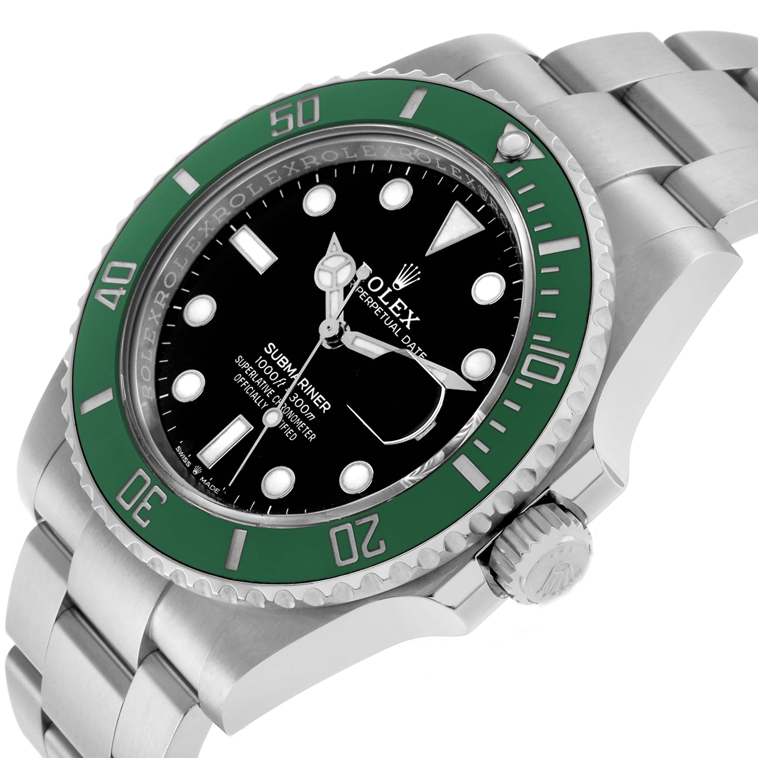 The Rolex Submariner 126610LV Men's Stainless Steel Black Dial is shown at a tilted angle, highlighting the green bezel, black dial, crown, and part of the bracelet.