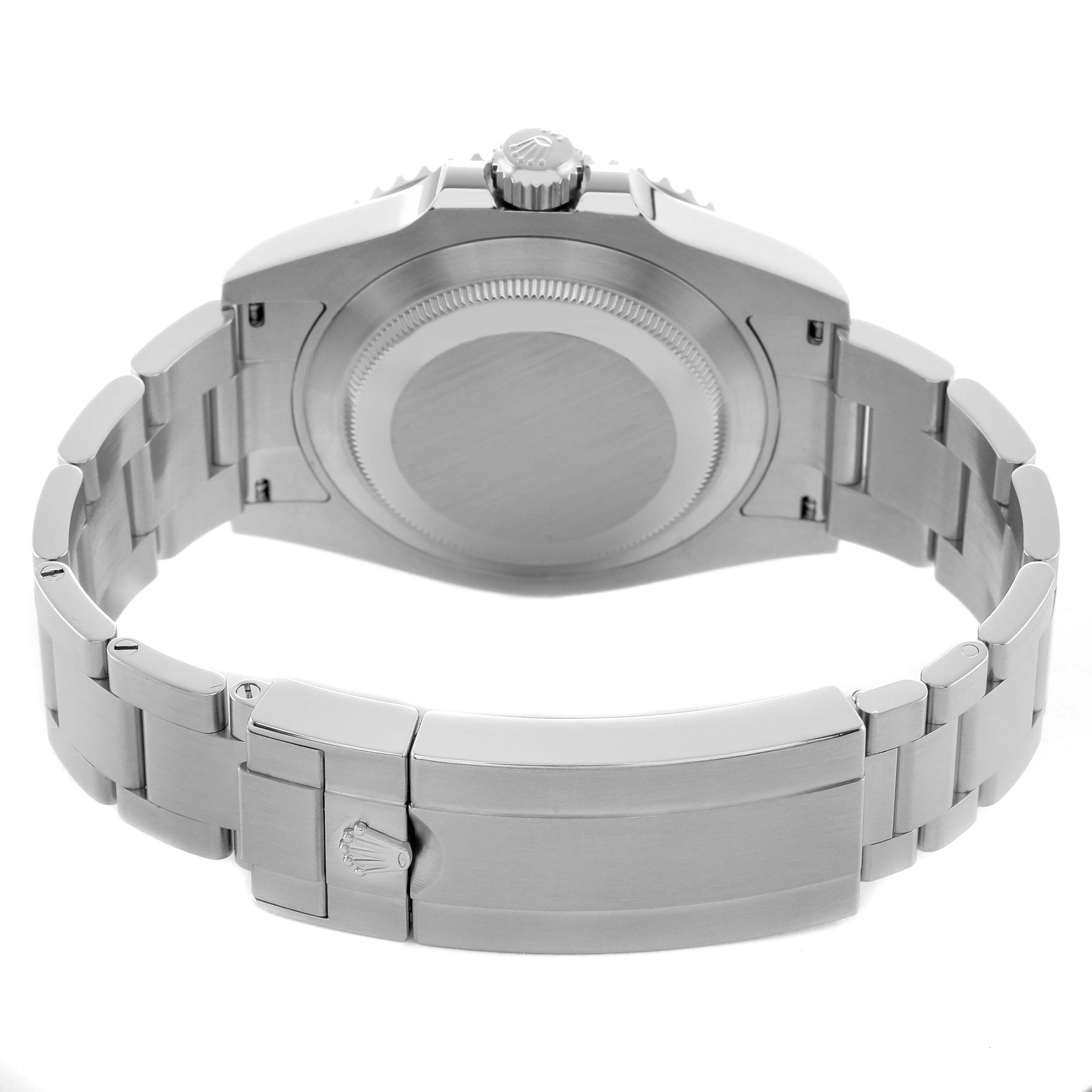 The image shows the back of a Rolex Submariner 126610LV Men's Stainless Steel Black Dial watch, highlighting its bracelet, clasp, case back, and crown from a rear angle.