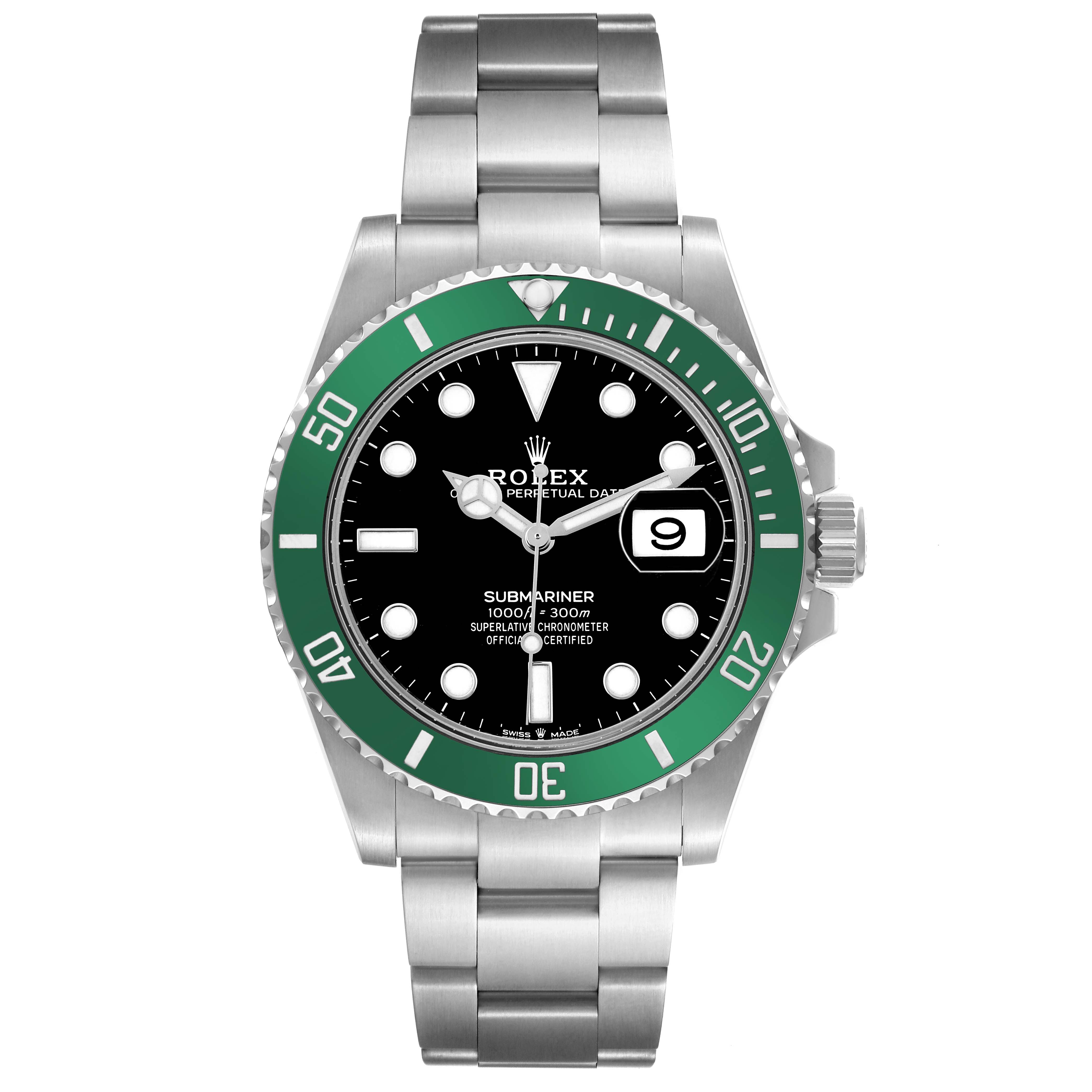 The Rolex Submariner 126610LV Men's Stainless Steel Black Dial watch is shown from a front angle displaying the green bezel, black dial, and bracelet.