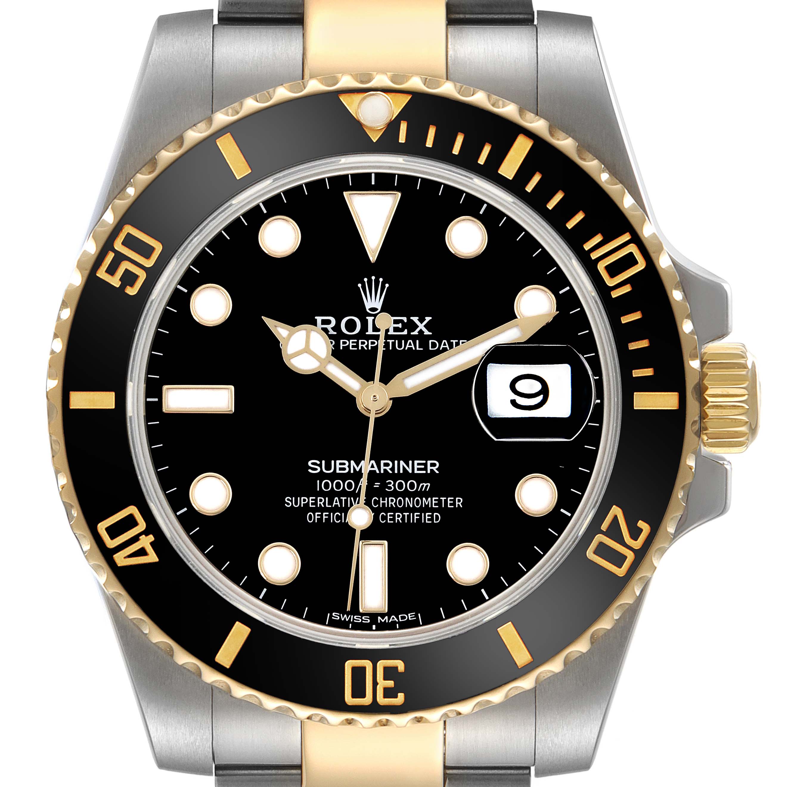 The image shows a frontal view of a Rolex Submariner 116613LN Men's Steel and Gold (two tone) Black Dial 116613LN Men's Steel and Gold (two tone) Black Dial, featuring its dial, bezel, crown, and part of the bracelet.