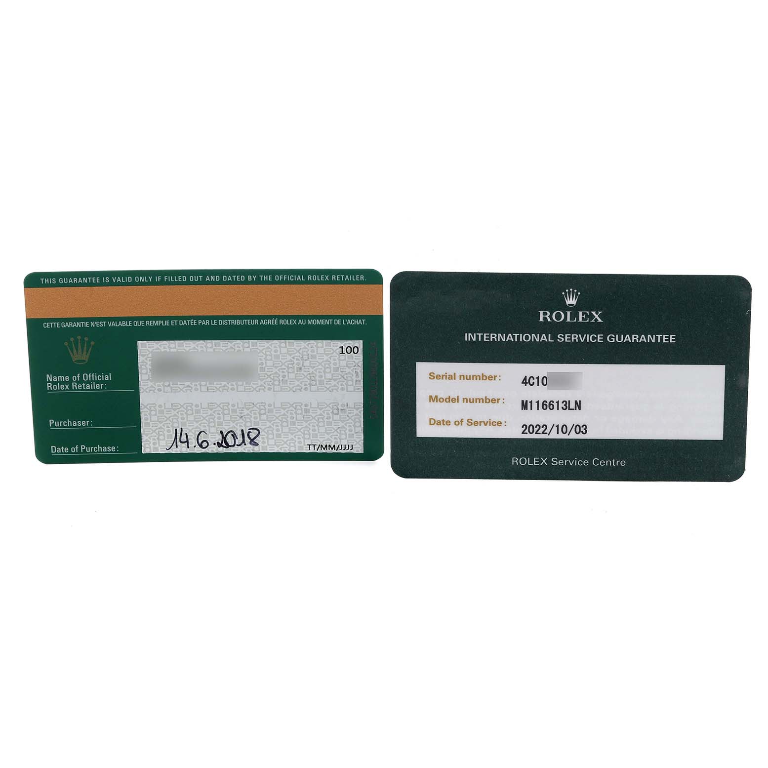 The image shows warranty cards for a Rolex Submariner 116613LN Men's Steel and Gold (two tone) Black Dial 116613LN Men's Steel and Gold (two tone) Black Dial, including purchase and service details.