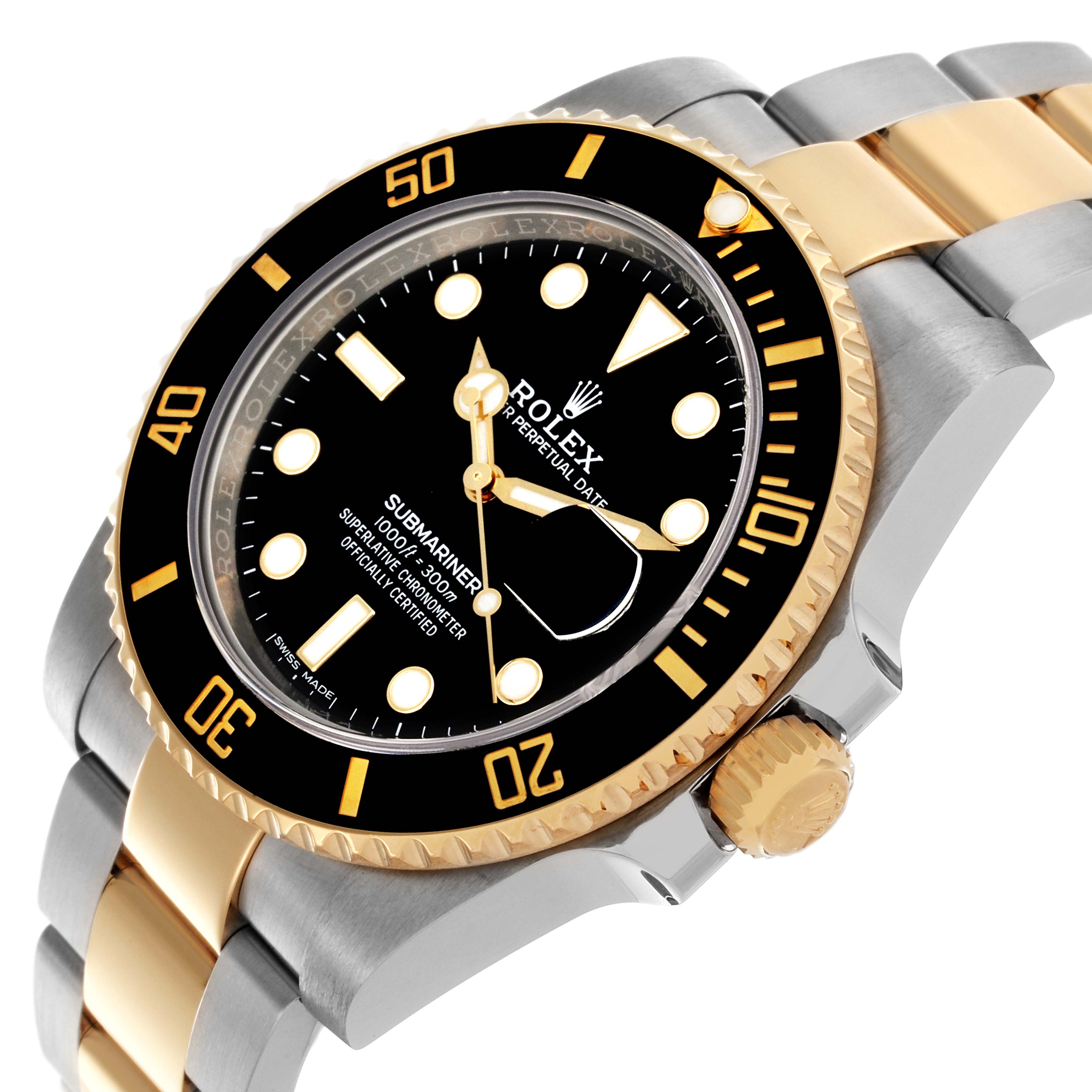 The Rolex Submariner 116613LN Men's Steel and Gold (two tone) Black Dial 116613LN Men's Steel and Gold (two tone) Black Dial watch is shown at an angled view, highlighting the bezel, dial, crown, and part of the bracelet.