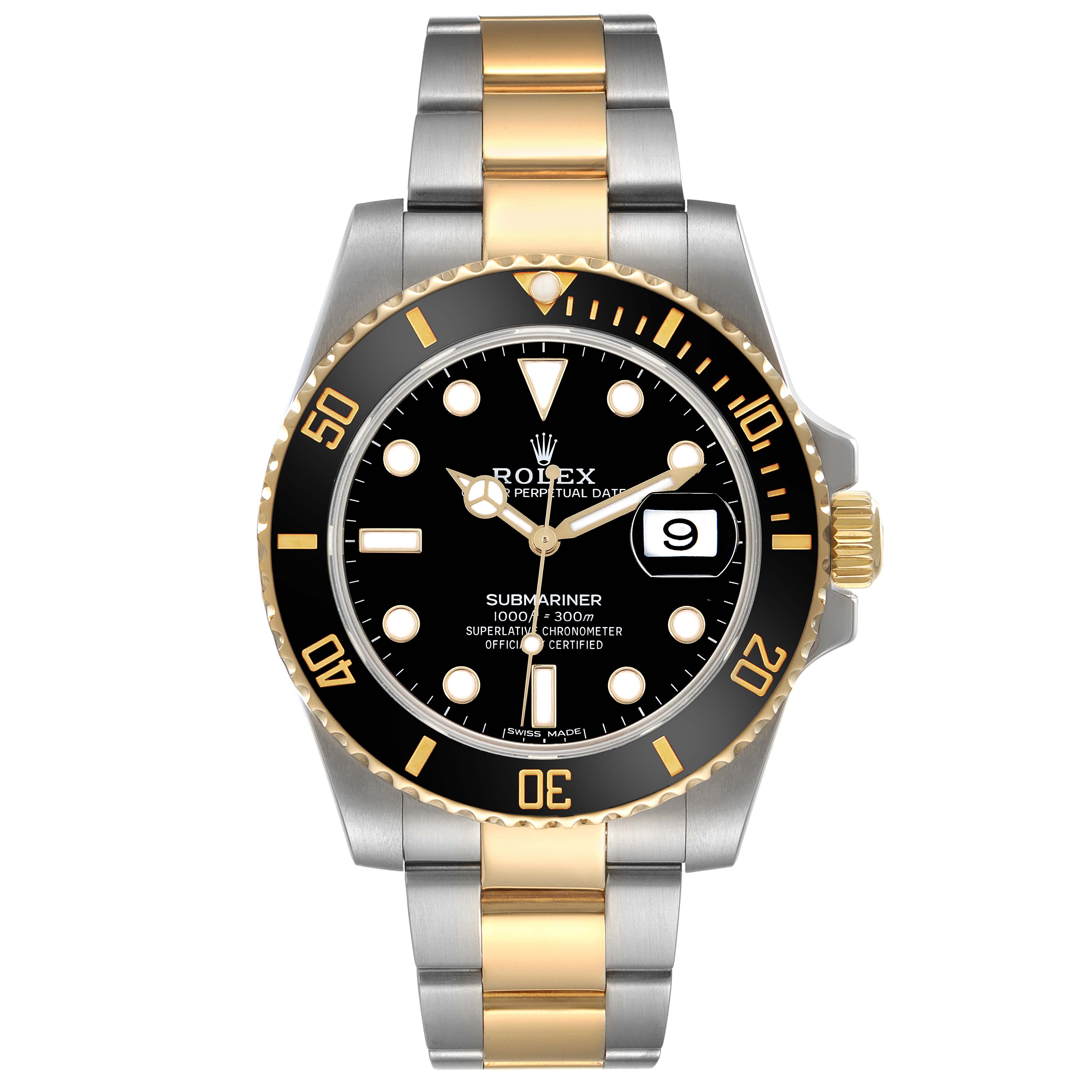The Rolex Submariner 116613LN Men's Steel and Gold (two tone) Black Dial 116613LN Men's Steel and Gold (two tone) Black Dial watch is shown from a front angle, highlighting the dial, bezel, and two-tone bracelet.